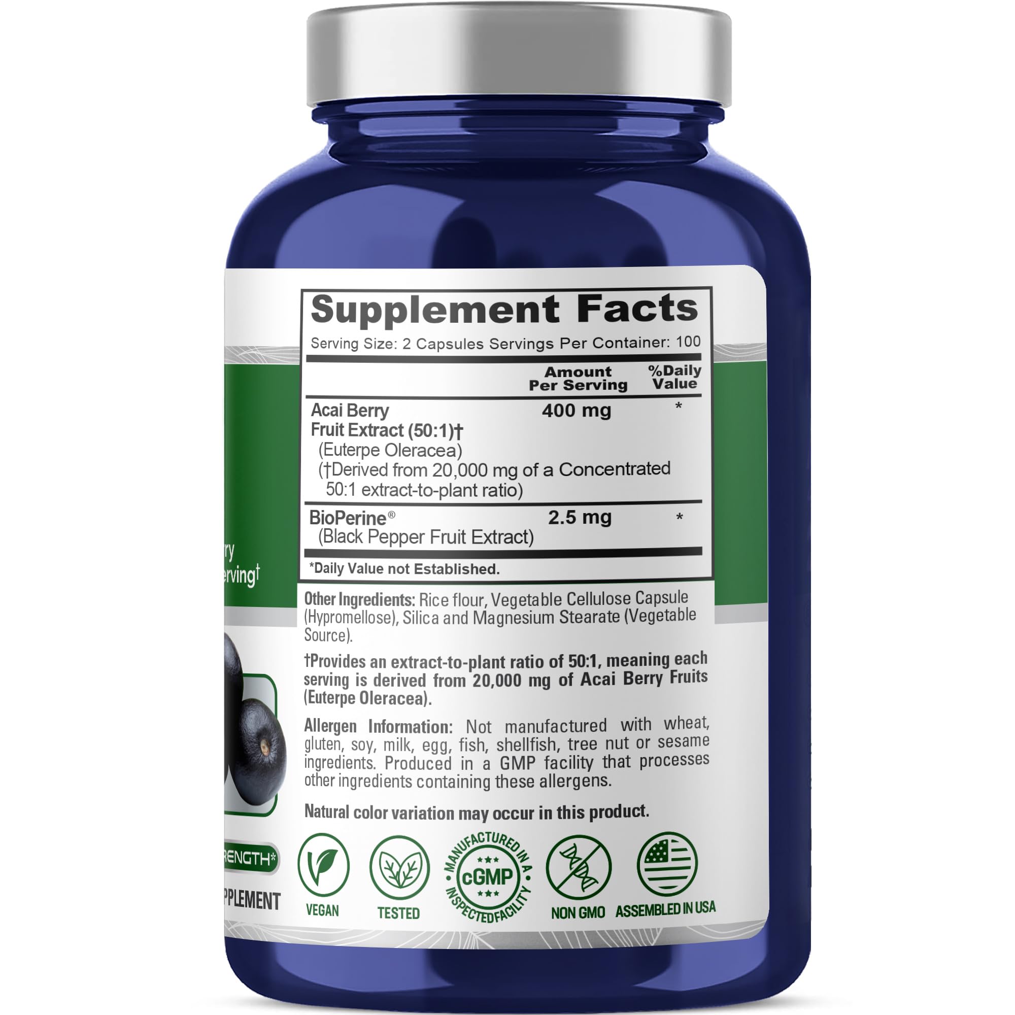 NusaPure Acai Berry 50:1 Extract - Suitable for Vegetarian/Vegan, Non - GMO - 20000 mg - 200 Capsules NusaPure uk supplements