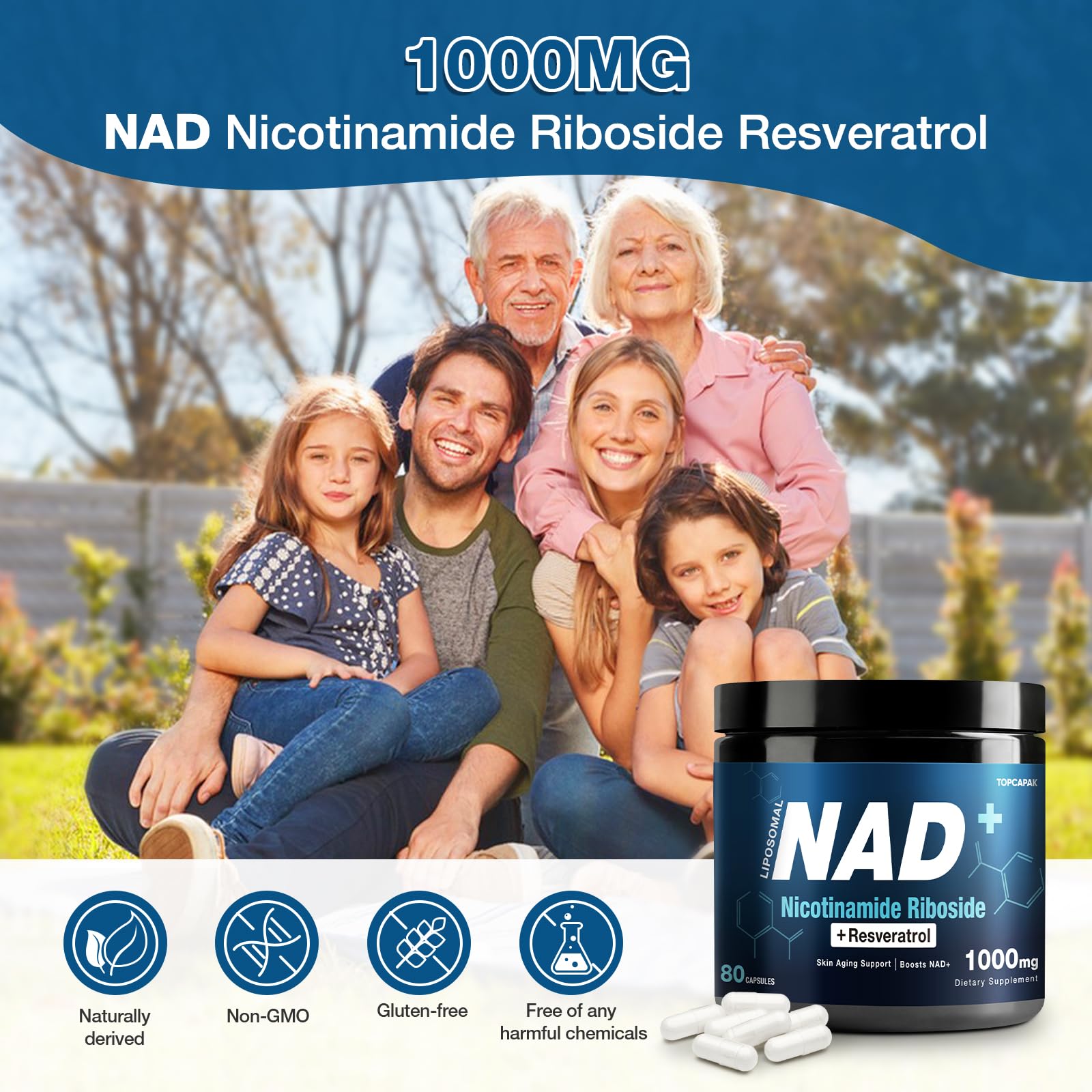 NAD+ Supplement 1000mg - Nicotinamide Riboside (NR) and Resveratrol, Liposomal NAD of Pure Organic Ingredients for Women & Men Healthy Aging, Brain and Cellular Energy, 80 Capsules TOPCAPAK uk supplements