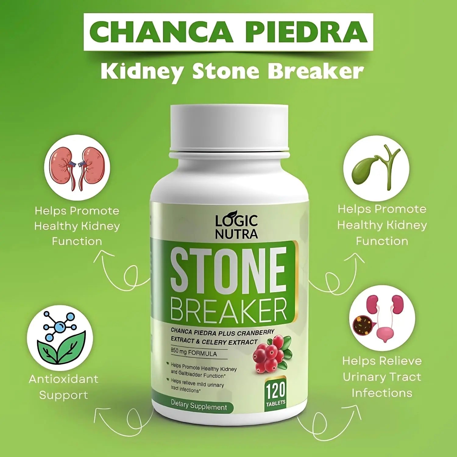 Logic Nutra Chanca Piedra Kidney Stone Breaker 120 Tablets 800 mg - Maximum Strength for Gallbladder & Urinary Cleanse with Phyllantus Niruri, Celery Seed Extract & Cranberry Extract Logic Nutra uk supplements