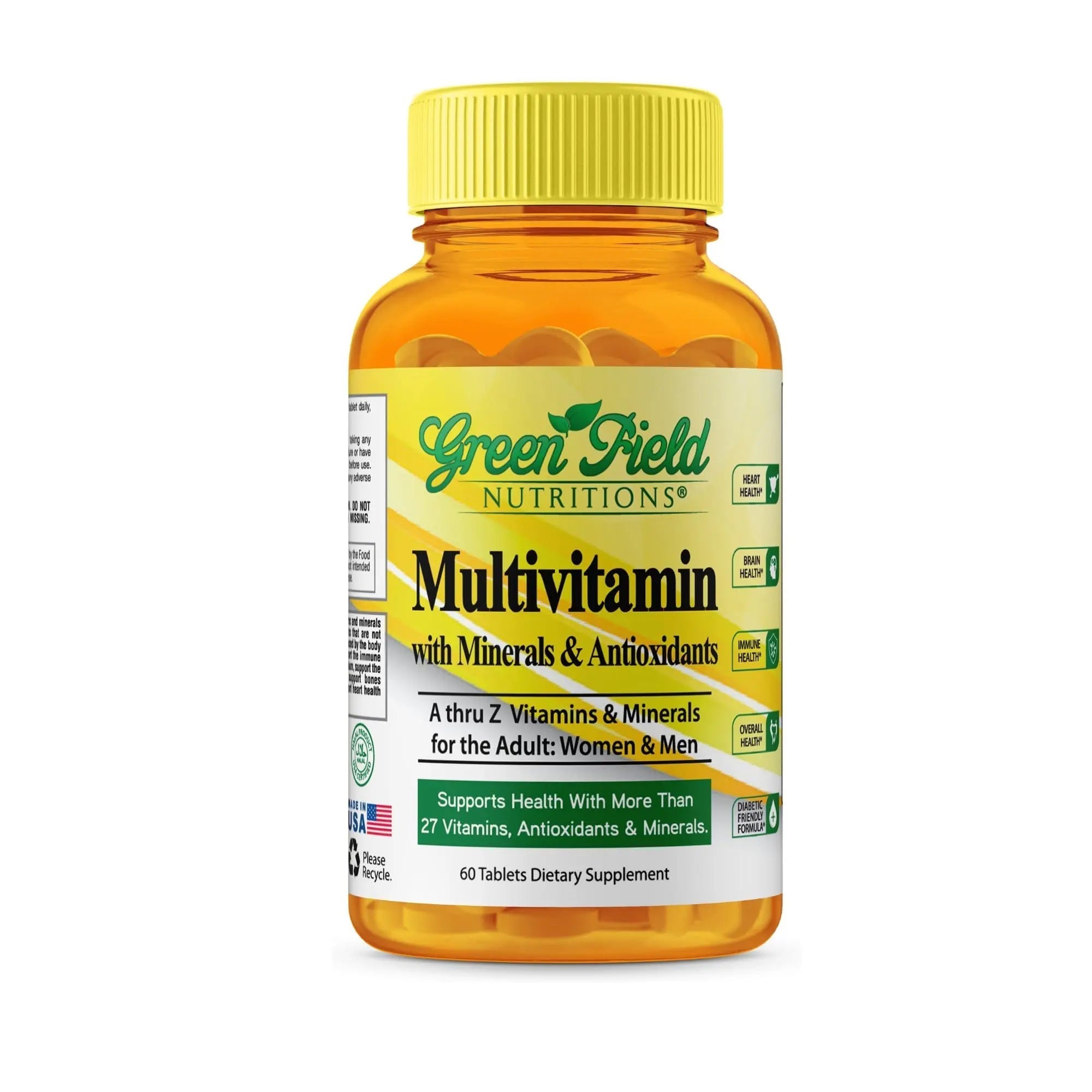 Greenfield Nutritions Halal Multivitamins for Women and Men - 60 Gelatin Free Multivitamin Tablets with 27+ Vitamin Minerals, A, B12, C, D3, Iron and Zinc GREEN FIELD NUTRITIONS uk supplements
