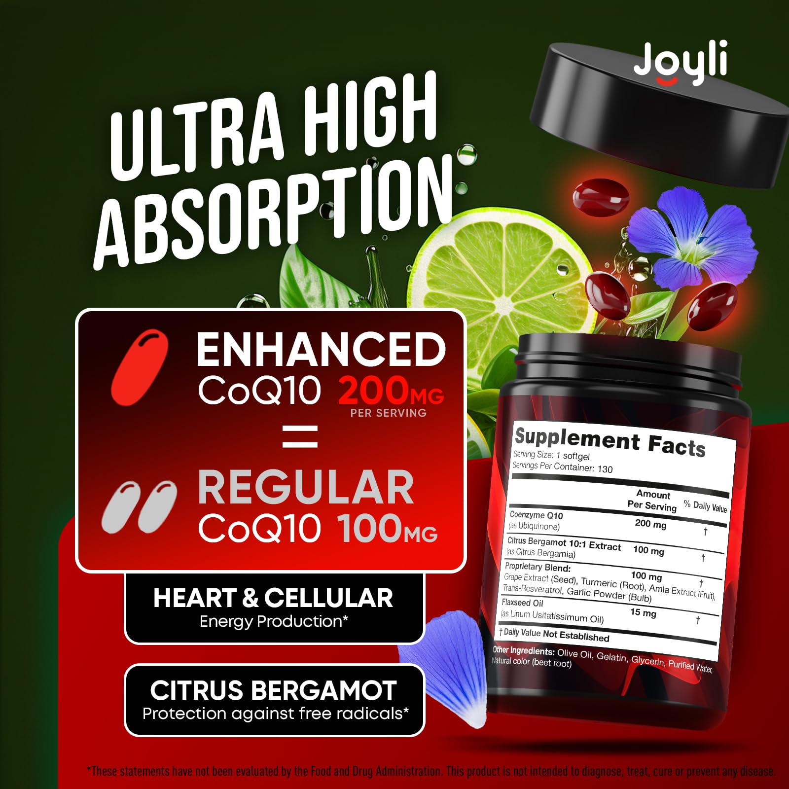High Absorption CoQ10 200MG - Co Q10, 200mg Softgels for Heart Health & Energy Production - Enhanced Co Q 10 Supplement with Antioxidants and Flaxseed Oil - CoQ10 200 mg Per Serving JOYLI Nutrition uk supplements