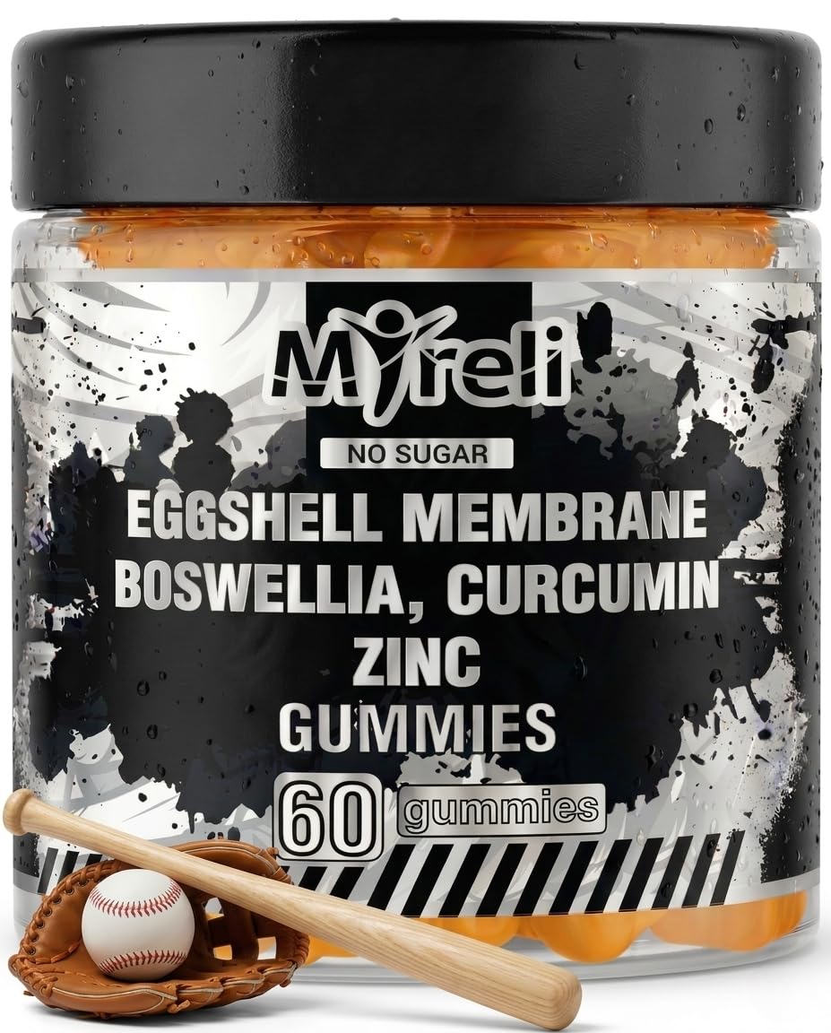 MYRELI Eggshell Membrane 400mg, Boswellia 300mg, Curcumin 250mg & Zinc 20mg Gummies - Baseball Athlete Joint Support, Flexibility, Recovery, Antioxidant, Energy, Endurance - Vegan, Non-GMO, 60 Gummies MYRELI uk supplements