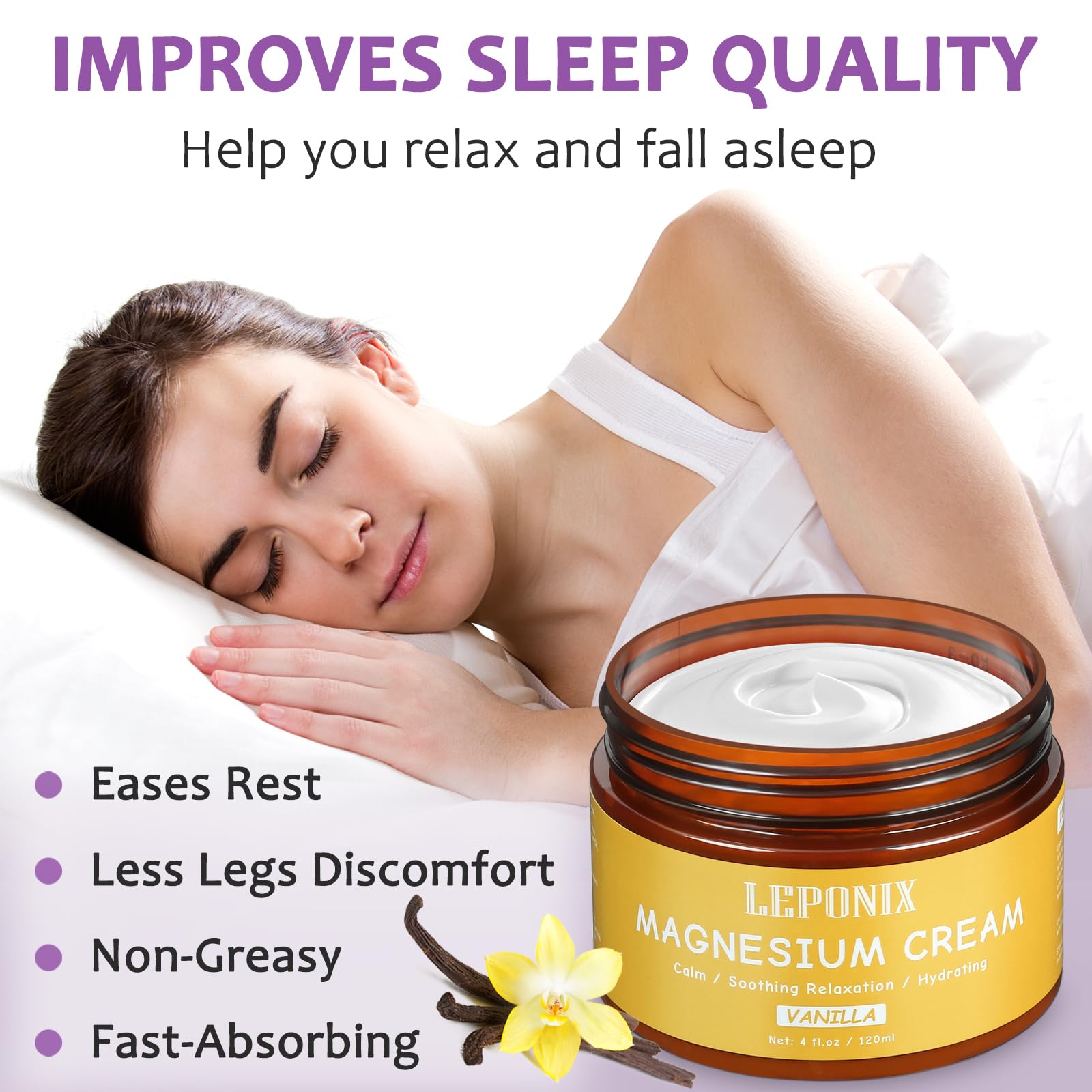 Magnesium Cream for Sleep & Muscle Recovery - Soothing Topical Magnesium Lotion for Leg Cramps, Joint Comfort, Pain Relief - Relaxing Magnesium Body Butter for Men Women Kids (120ml, Vanilla) LEPONIX uk supplements
