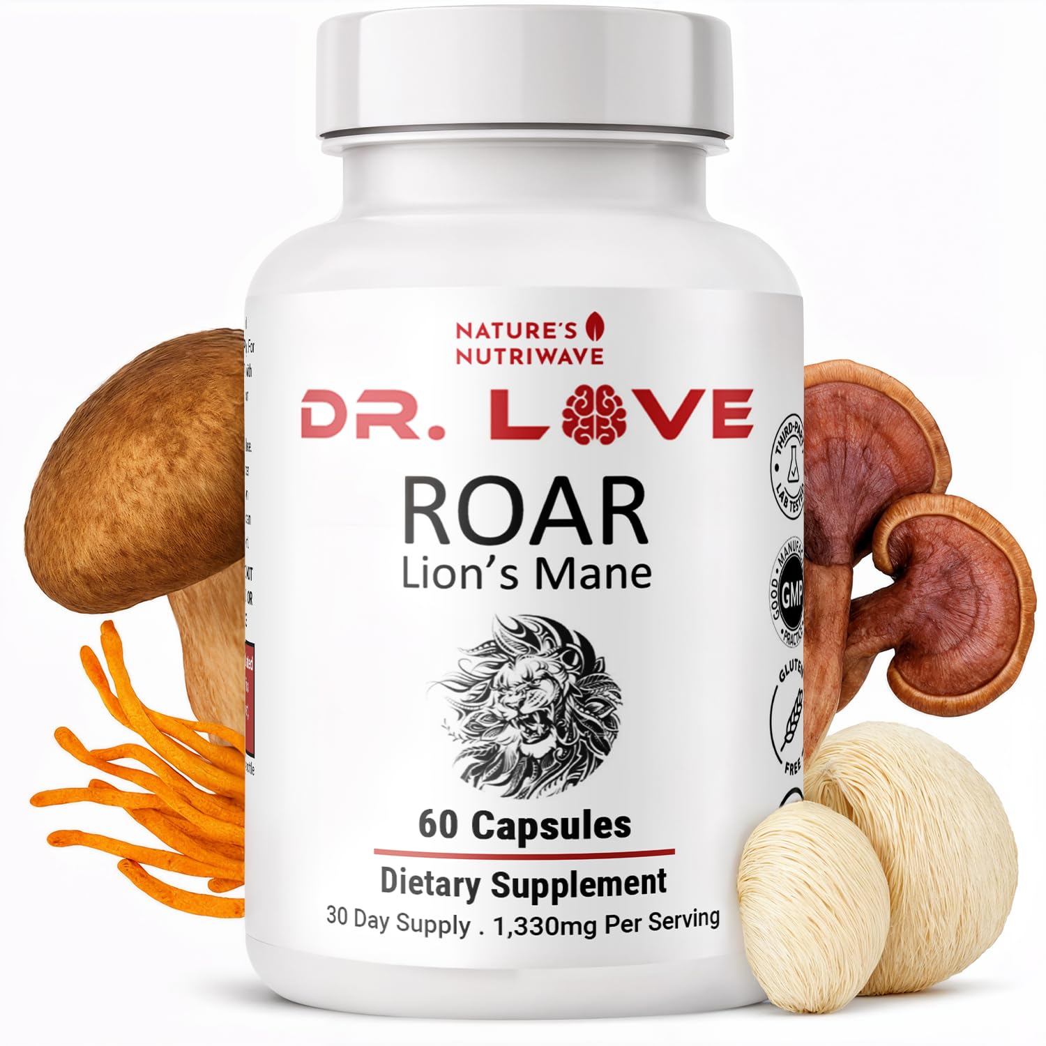 Nature’s NutriWave Dr. Love Roar Lion’s Mane Mushroom Supplement – Plant-Based Formula with Cordyceps, Reishi & Shiitake – Vegan, Gluten-Free, GMP Certified, Made in USA – 60 Capsules, 1 Month Supply Nature’s NutriWave uk supplements