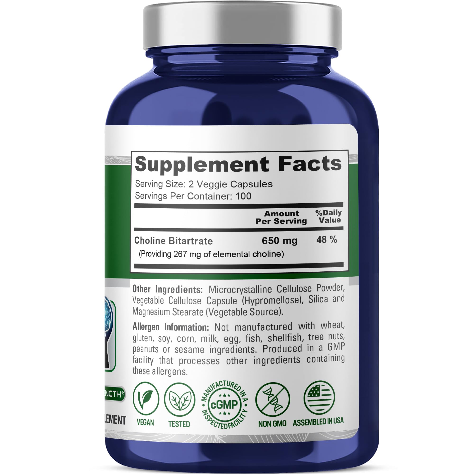 NusaPure Choline Bitartrate - Suitable for Vegetarian/Vegan, Non - GMO - 650 mg 200 Capsules NusaPure uk supplements