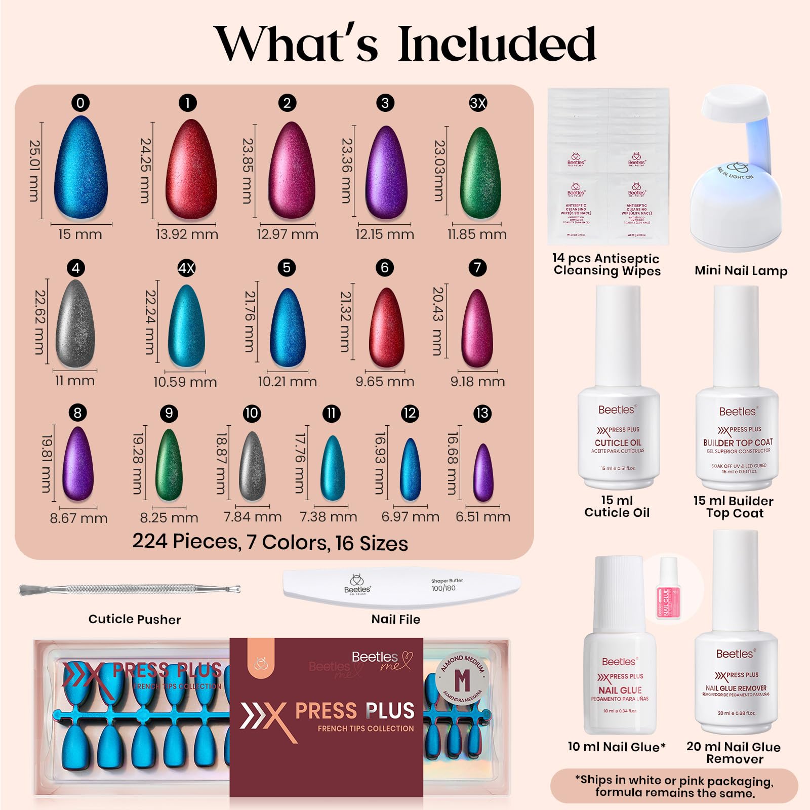 Beetles Cat Eye Nails Kit - Enchanted Aurora | 7 Colors Cat Eye Press On Nails Medium Almond | 224Pcs 16 Sizes All-in-One Kit With Nail Glue,Remover,Builder Top Coat,Nail Lamp Gift beetles Gel Polish uk supplements
