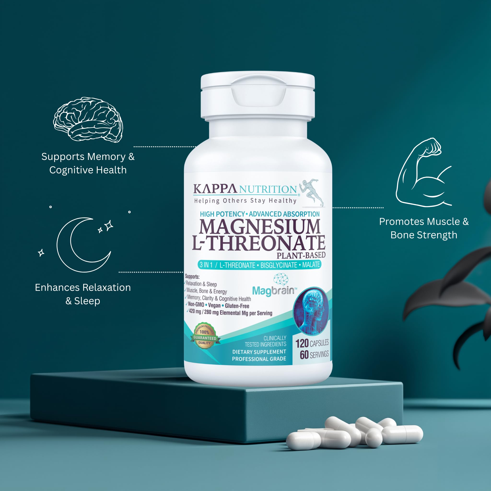 Kappa Nutrition Powered by Magbrain™ Magnesium L-Threonate Plant-Based, 420mg Elemental Magnesium (3 Capsules) from 2,253mg, 120 Vegan Capsules, Brain, Sleep & Muscle Support. KAPPA NUTRITION uk supplements