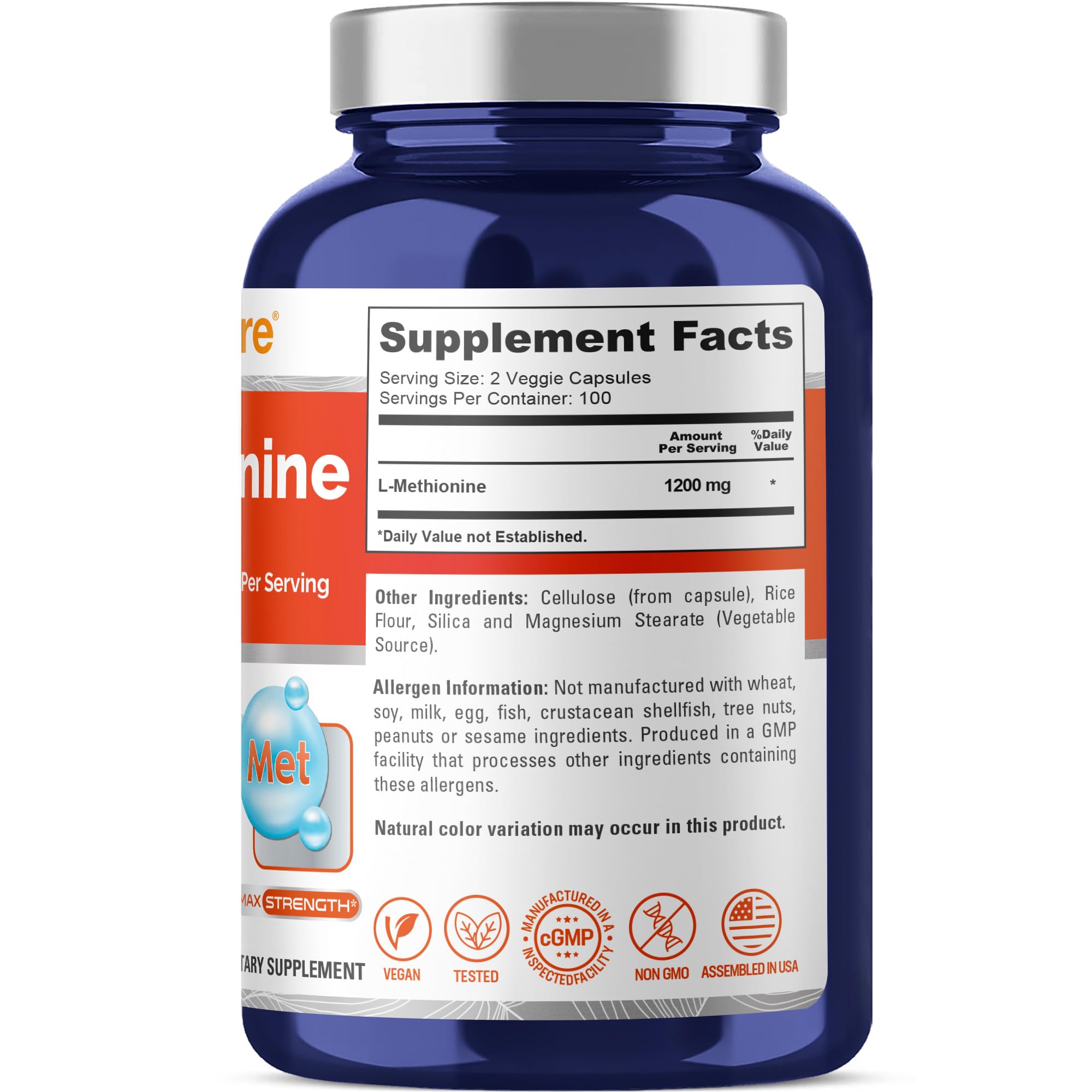 NusaPure L Methionine 1200mg | 200 Capsules | Non-GMO | Vegan Supplement NusaPure uk supplements