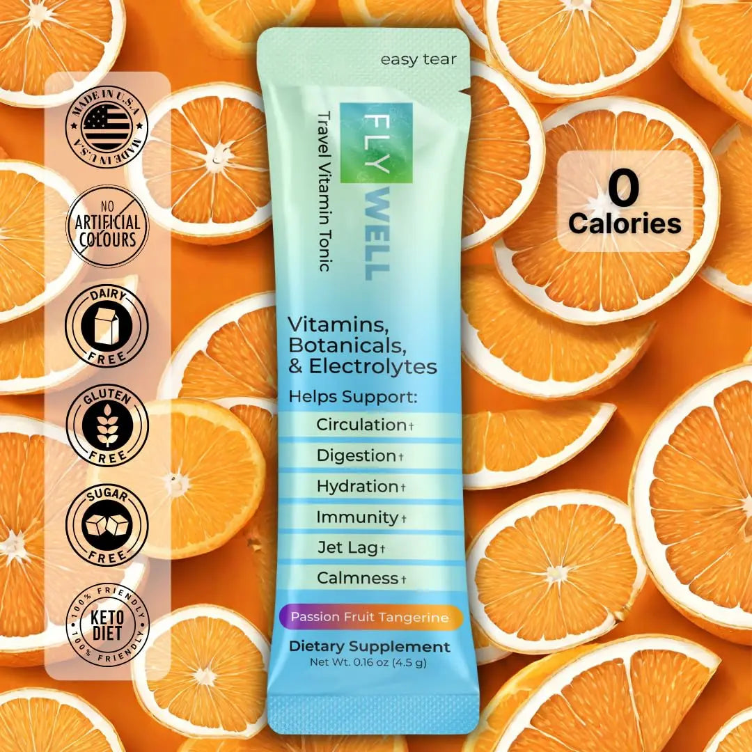 FlyWell Travel Vitamin Tonic for Flight, Jet Lag, Hydration, Circulation, Digestion & Immune Support, Promotes Calmness, Electrolyte Powder, Travel Essentials, FlyWell uk supplements