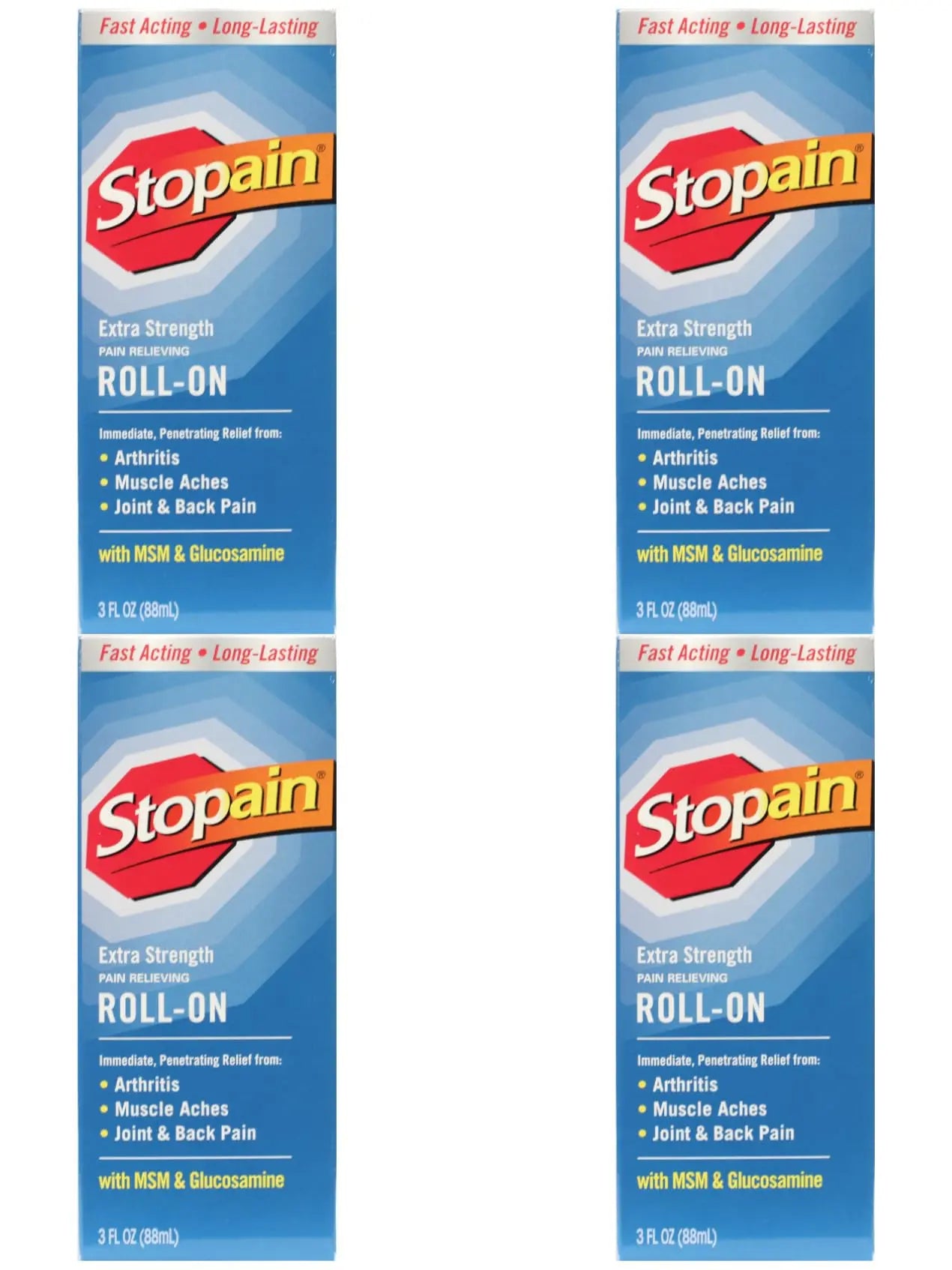 Stopain Pain Relief Roll On Gel 3oz (4 Pack) USA Made, Max Strength Fast Acting with MSM, Glucosamine, Menthol for Lower Back, Knee, Neck, HSA FSA Approved Topical Analgesic Products Stopain uk supplements