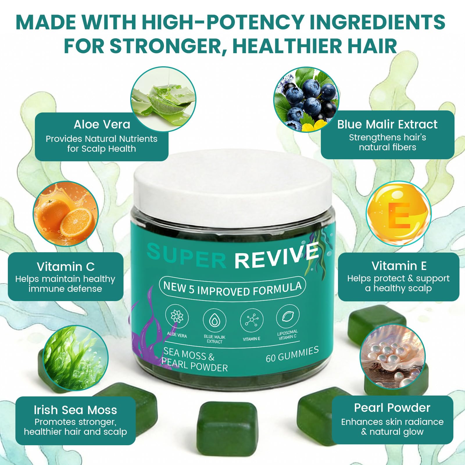 caicieter Super Revive Gummies for Hair Loss - Sea Moss Gummies with Vitamin C, E, Aloe Vera & Pearl Powder Glow, Promotes Thicker, Fuller & Stronger Hair - 60 Count caicieter uk supplements