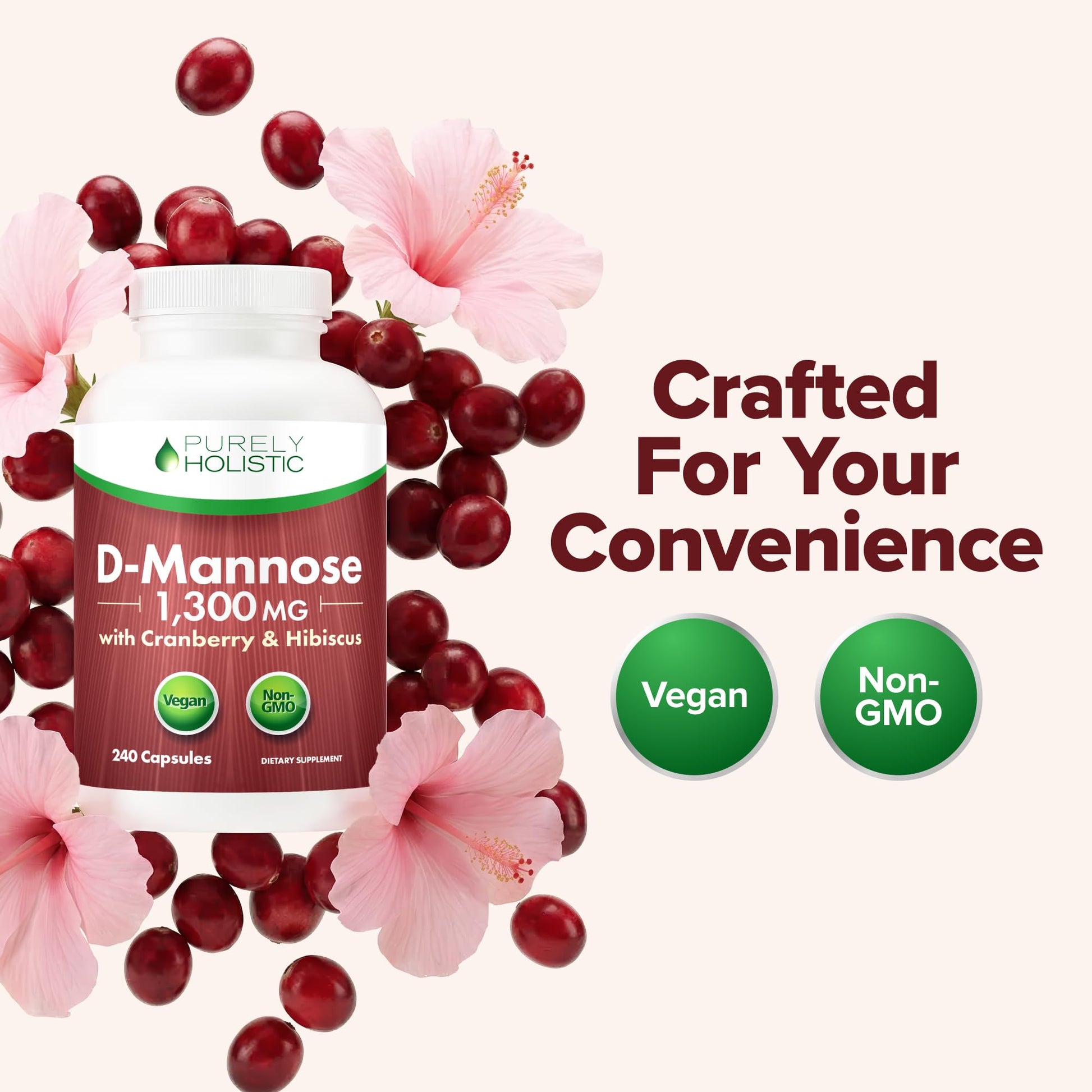 D Mannose with Cranberry | Drug-Free Urinary Tract Health Support | Evidence-Based DMannose 1300mg for Urinary & Bladder Health for Women | D Mannose Supplements for Women & Men | Non-GMO | 240 Ct Purely Holistic uk supplements