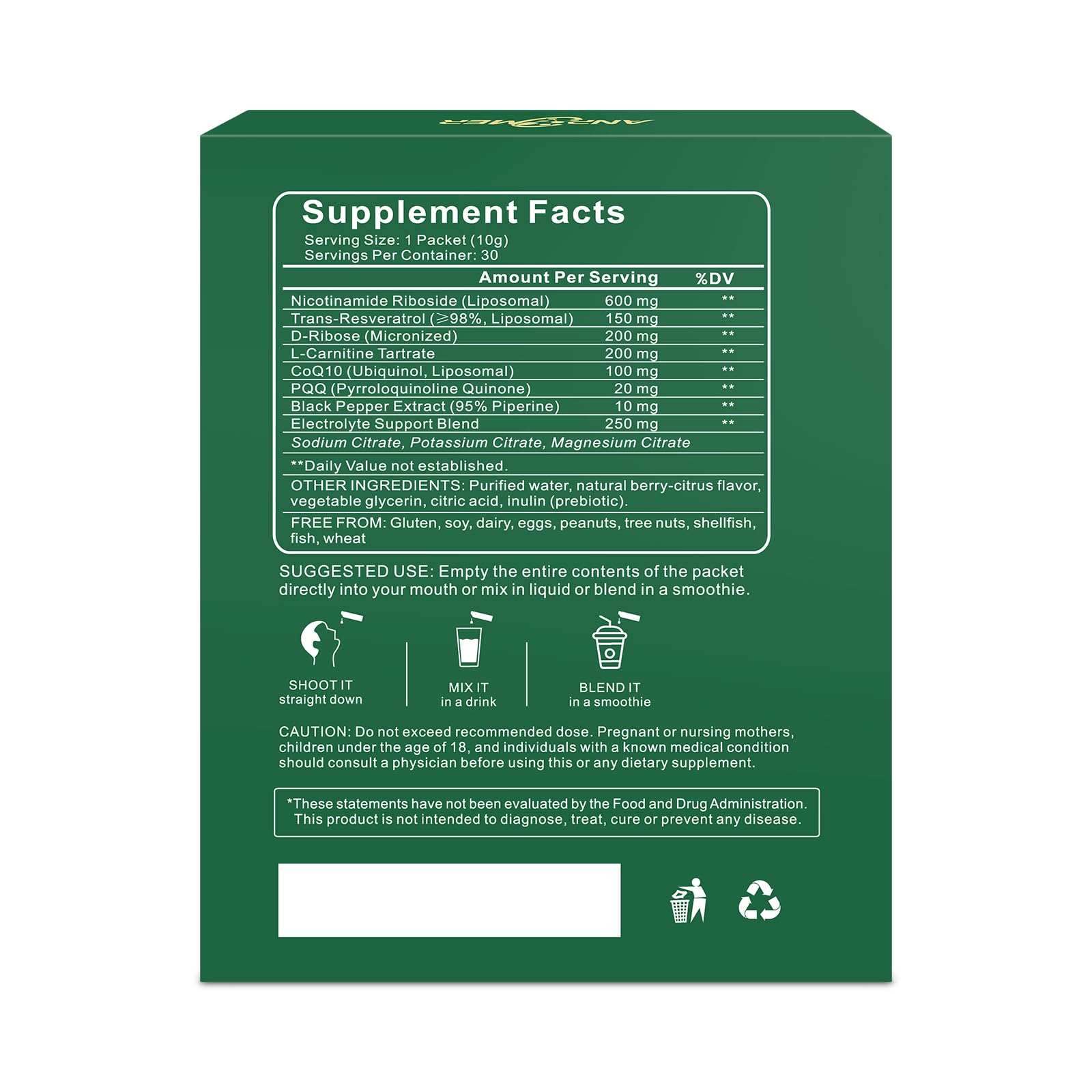 ANPOMER NAD Supplement with Liposomal Nicotinamide Riboside 600mg, Resveratrol, CoQ10, PQQ & D-Ribose, Electrolyte Blend, 30 Liquid Packets ANPOMER uk supplements