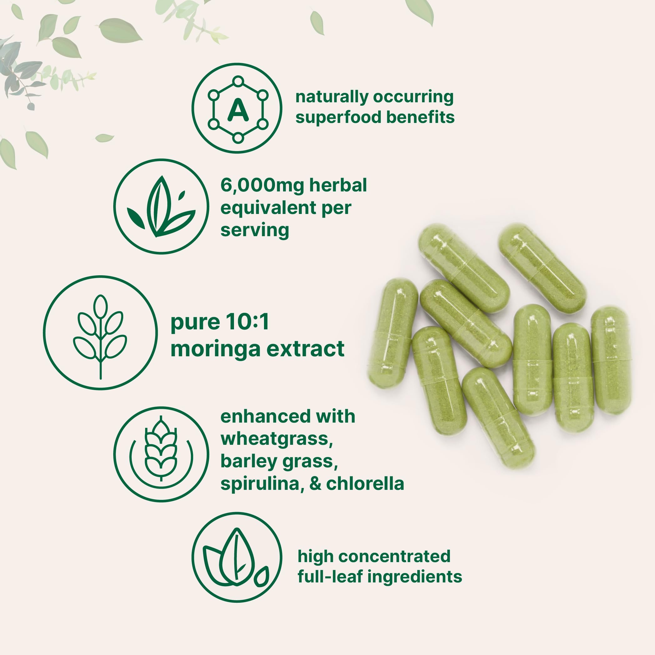 Micro Ingredients Moringa Oleifera | 300 Capsules with Supergreens Blend of Wheatgrass, Barley Grass, Spirulina, & Chlorella | Antioxidant Supplement, Energy, & Immune Support | Non-GMO Micro Ingredients uk supplements