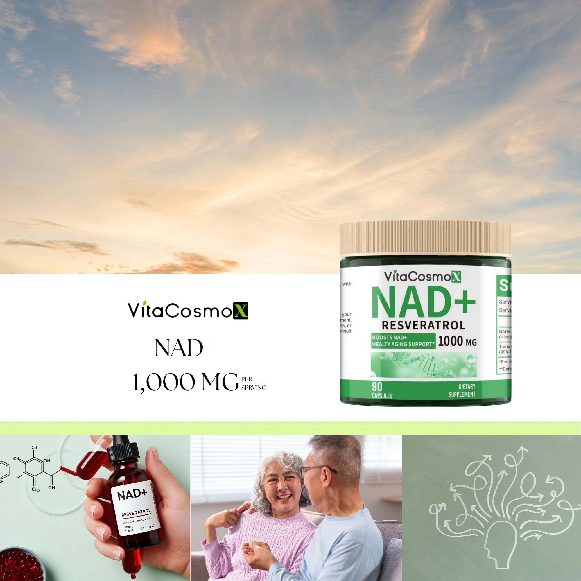 VitaCosmoX NAD+ with Resveratrol Similar to Nicotinamide Riboside Supplement, 1000 mg, 90 Capsules Vegan Non-GMO VitaCosmoX uk supplements