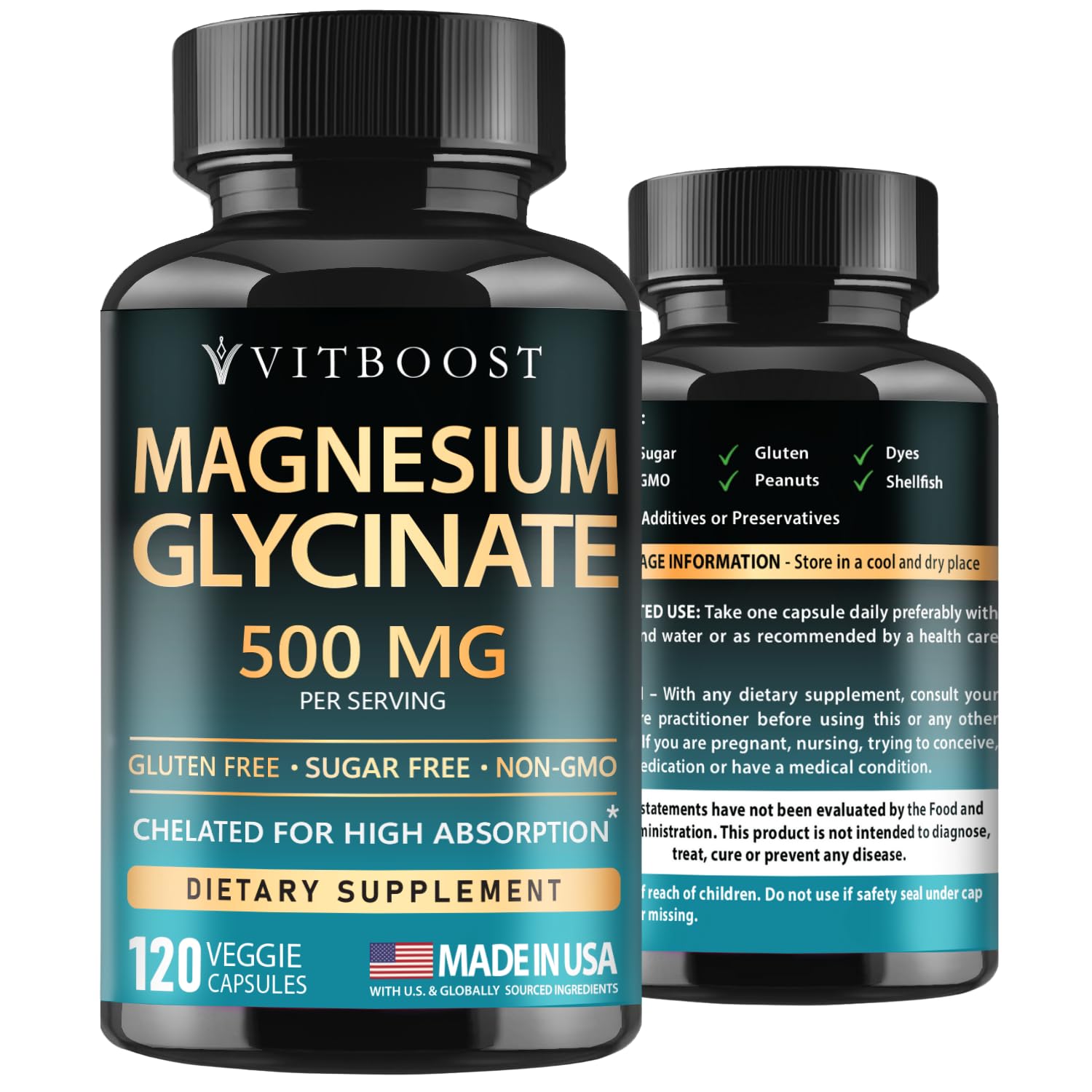VITBOOST Magnesium Glycinate 500mg - High Absorption Chelated Supplement - Supports Sleep, Muscle Recovery & Heart Health - Non-GMO, Vegan - 120 Capsules - Made in USA VITBOOST uk supplements