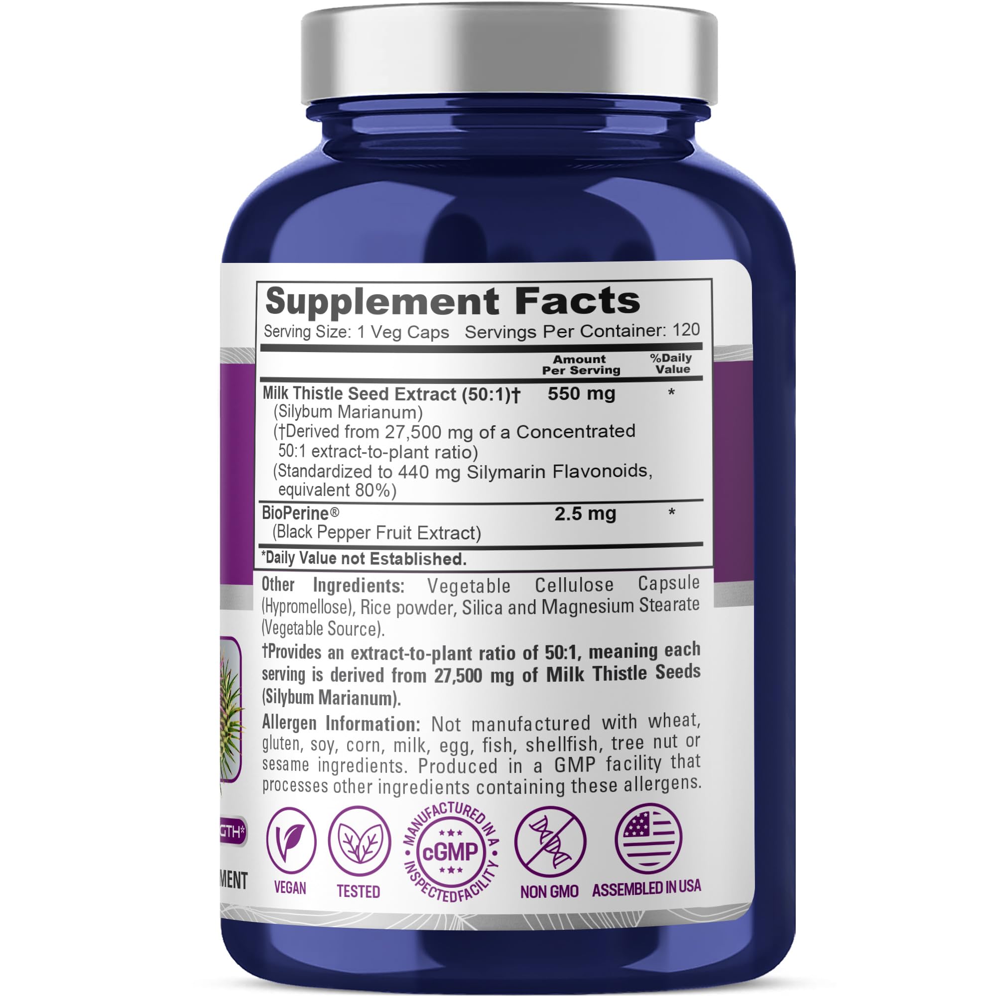 NusaPure Milk Thistle 50:1 Extract, 550 mg Equivalent to 27,500mg 120 Veggie Capsules Non-GMO, Vegan Max Strength - Standardized 80% Silymarin, Bioperine NusaPure uk supplements