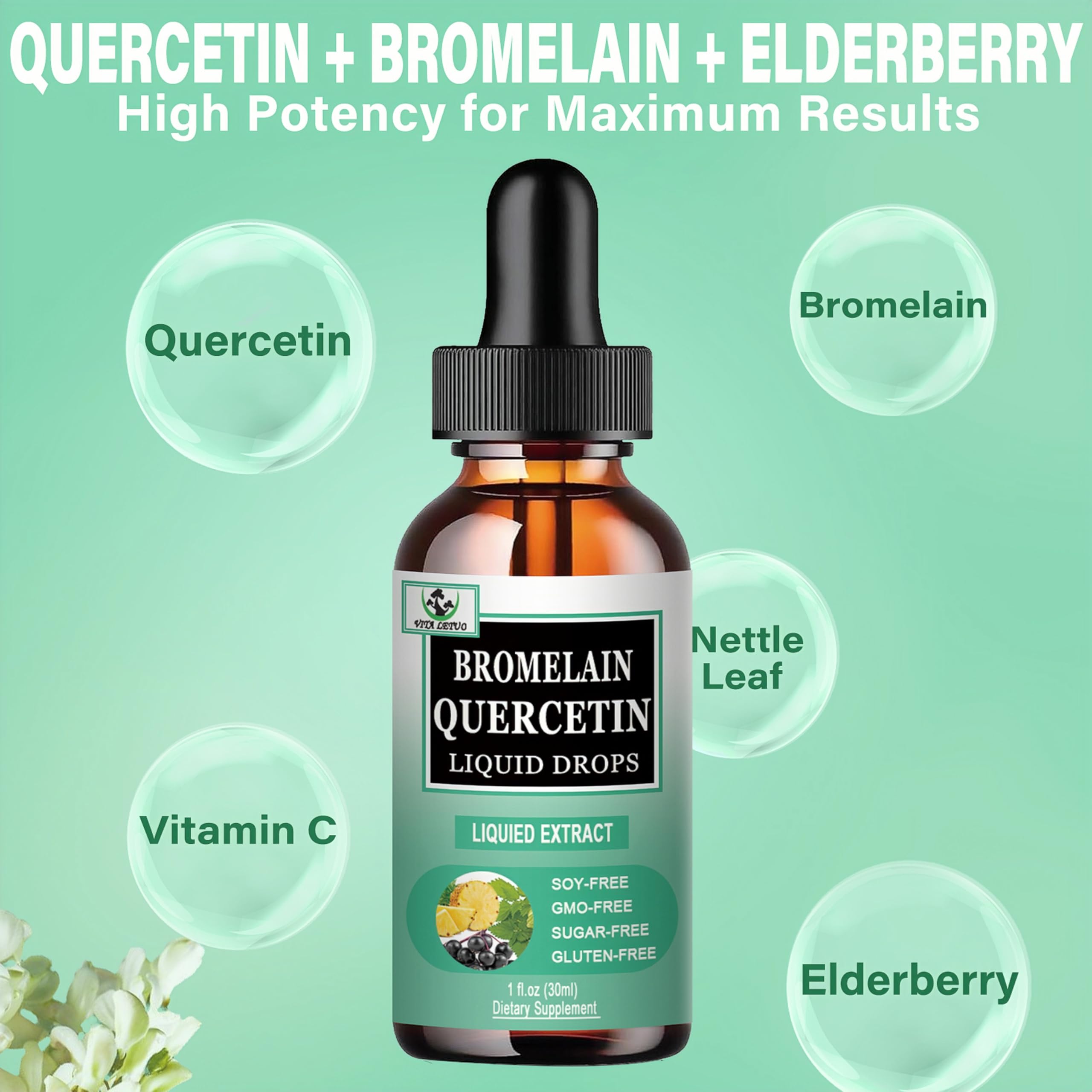 Quercetin Liquid Drops, Quercetin with Bromelain Elderberry Nettle Leaf Vitamin C Liquid Supplements, High Absorption Quercetin Liquid Drops for Women Men, Healthy Immune Antioxidant Support, Non-GMO Vita letuo uk supplements