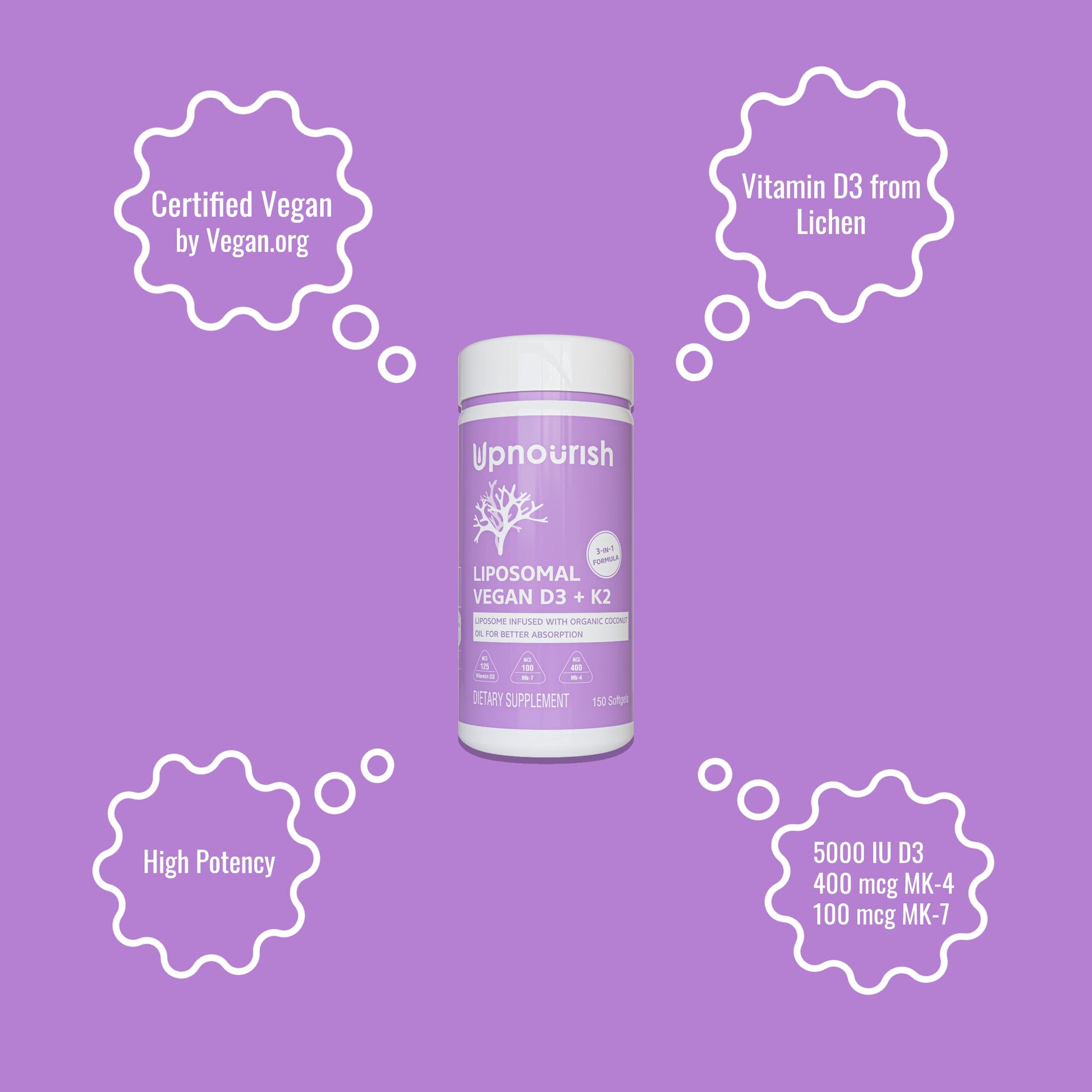 UpNourish Certified Vegan Vitamin D3 5000 IU K2 MK4 MK7 500 mcg Supplement, 150 Softgels, Plant Based Liposomal Vitamin D K with Organic Coconut Oil, Non GMO, Gluten and Gelatin Free UpNourish uk supplements