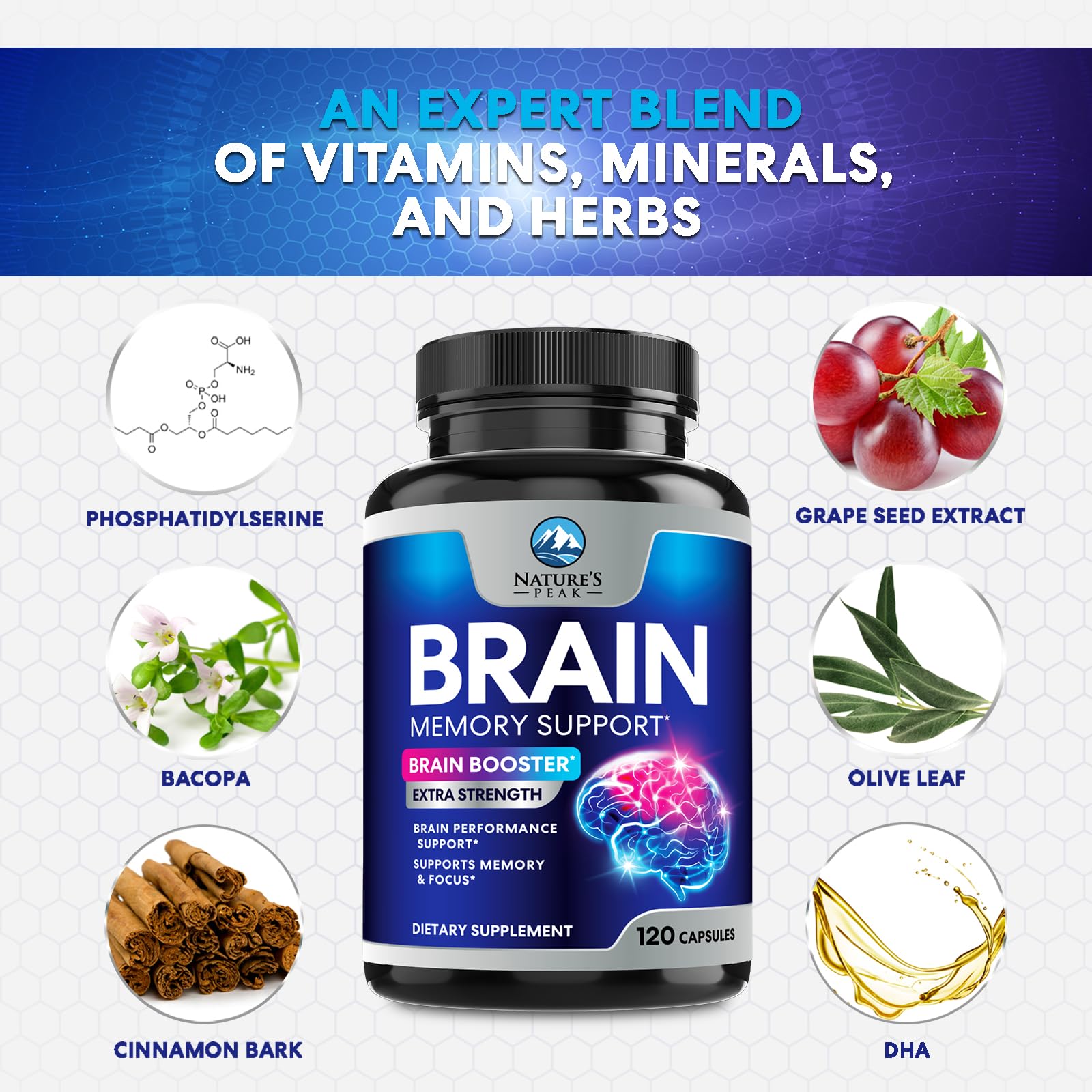 Brain Memory Supplement - 3X Strength Nootropics for Concentration, Clarity & Focus Support - Brain Health Cognitive Vitamins with Bacopa, Phosphatidylserine & DMAE, Brain Booster Pills, 120 Capsules Nature's Peak uk supplements