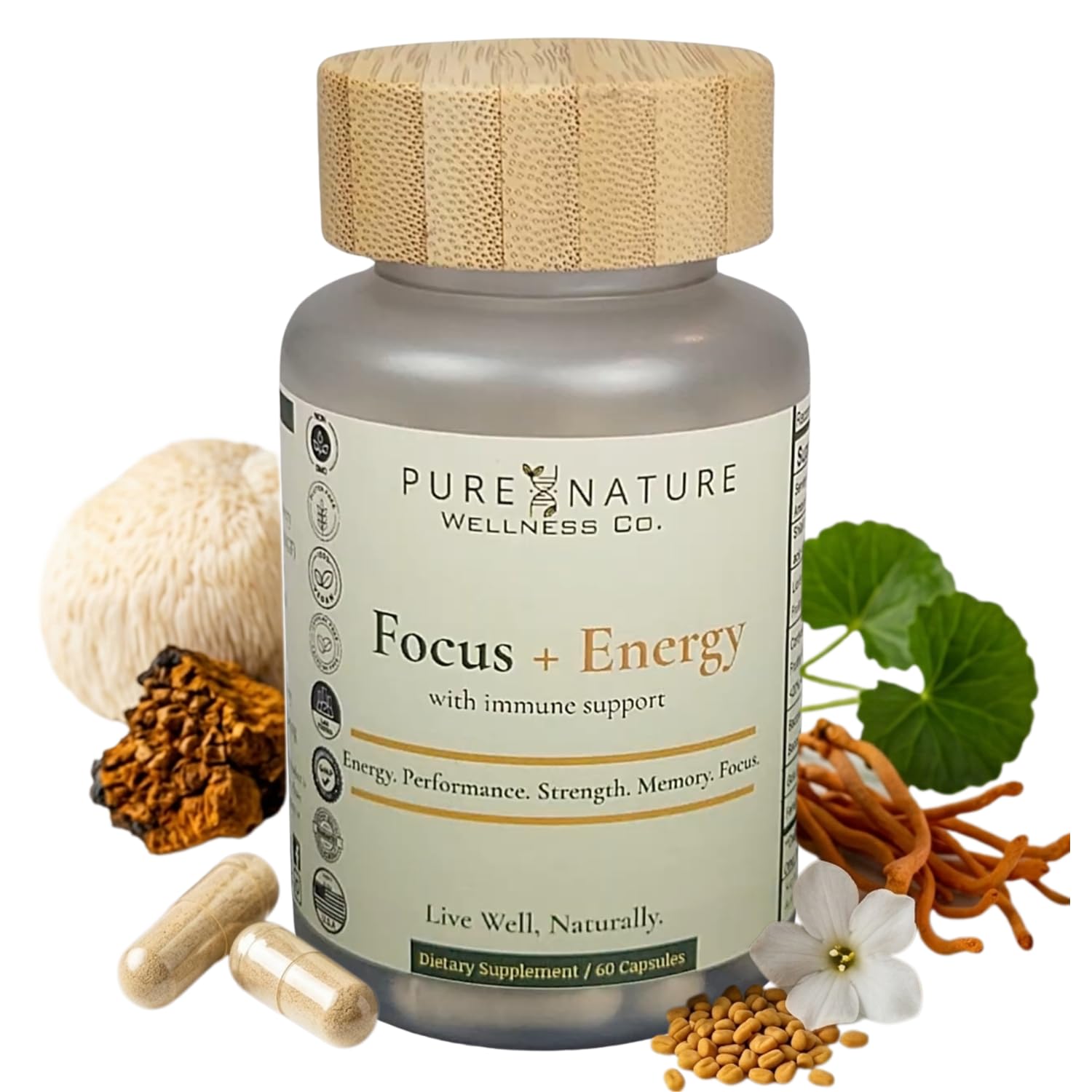 Focus + Energy + Performance Support-6-in-1 Mushroom Nootropic & Mitochondrial Complex-Advanced Brain Supplement-Natural Energy-Caffeine Free Biohack with Lion’s Mane,Cordyceps,Mumijo,Fenugreek Pure Nature Wellness Co. uk supplements