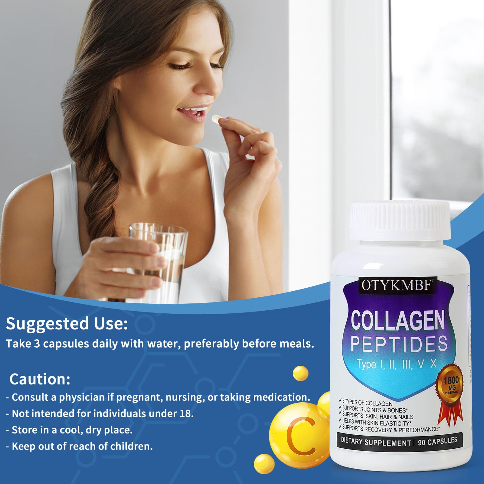 OTYKMBF Multi Collagen Peptides Pills 1800mg, Type I, II, III, V, X - Hydrolyzed Premium Collagen Complex Supports Skin, Joints, Hair & Nails, Hydrolyzed Protein for Women Men, 90 Capsules OTYKMBF uk supplements