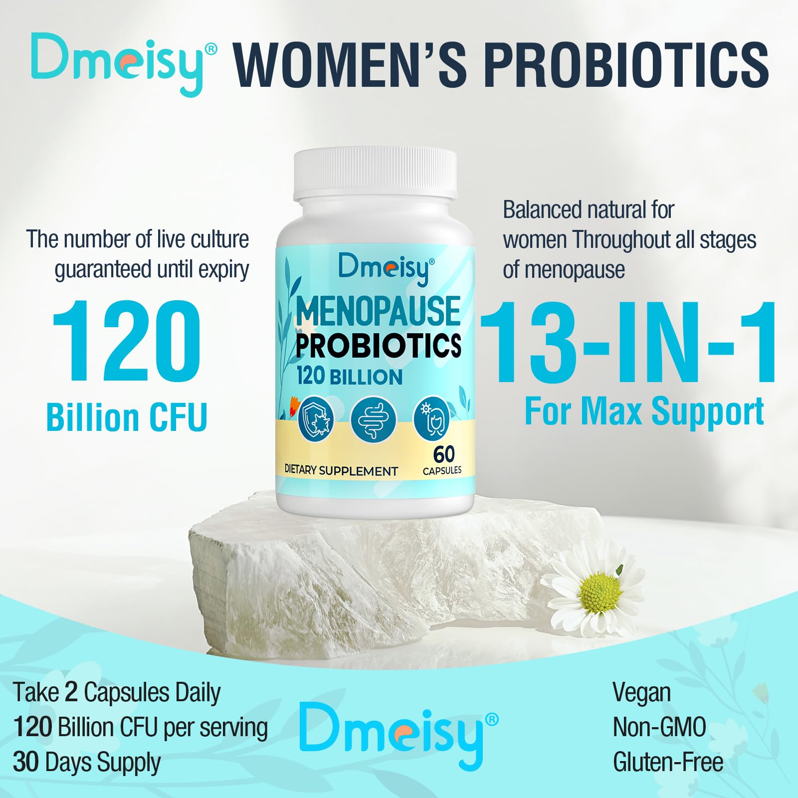 Menopause Supplements for Women, 120 Billion CFU Probiotic, 13-in-1 Herbs Probiotics Complex, for Menopause Relief, Hormone Balance, Hot Flashes, Night Sweats, Mood Swings, Gut & Immunity - 60 Capsule Dmeisy uk supplements