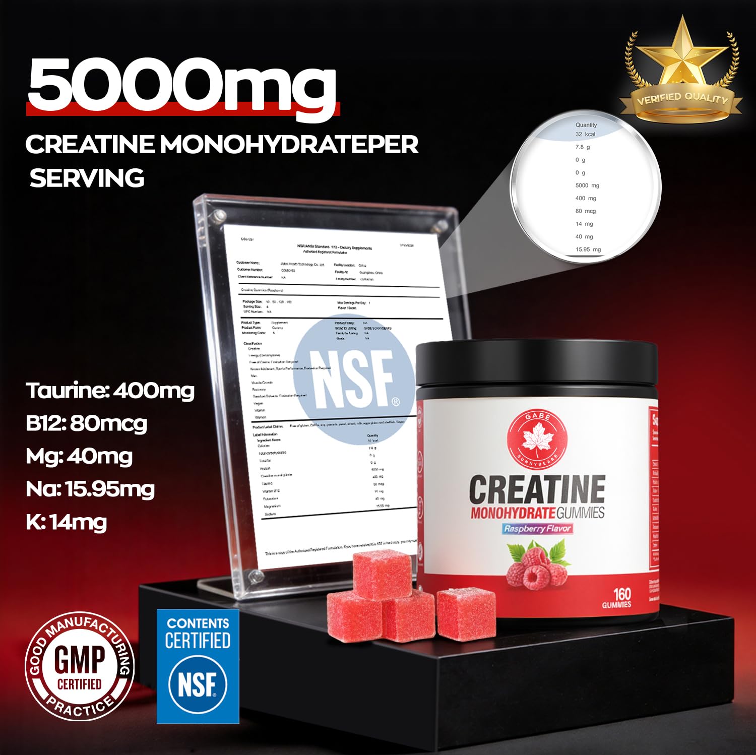 GABE SUNNYBEARS Creatine Gummies, NSF Certified, 5g Creatine Monohydrate per Serving with Taurine & B12, Raspberry Flavor, 160 Count, for Men & Women GABE SUNNYBEARS uk supplements