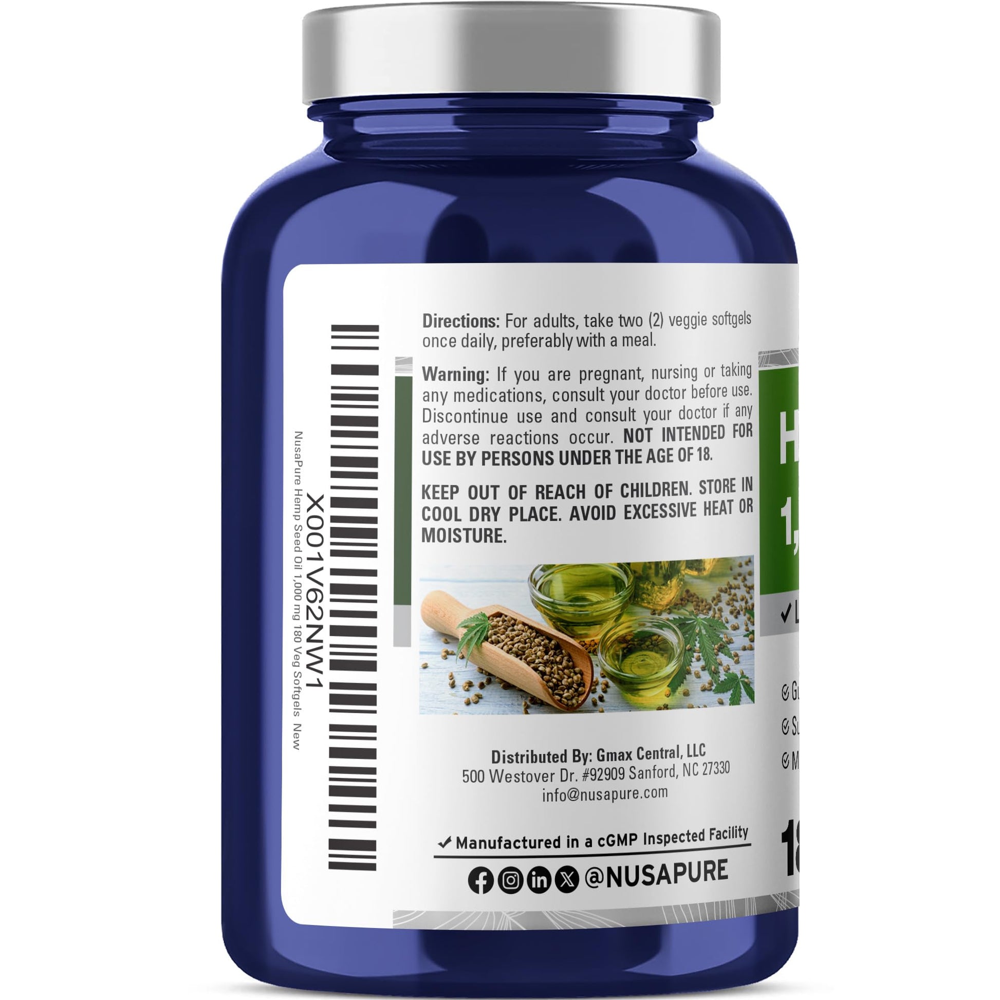 NusaPure Hemp Oil 1,000mg Per Serving, 180 Veggie Softgels, Non-GMO, Vegan NusaPure uk supplements