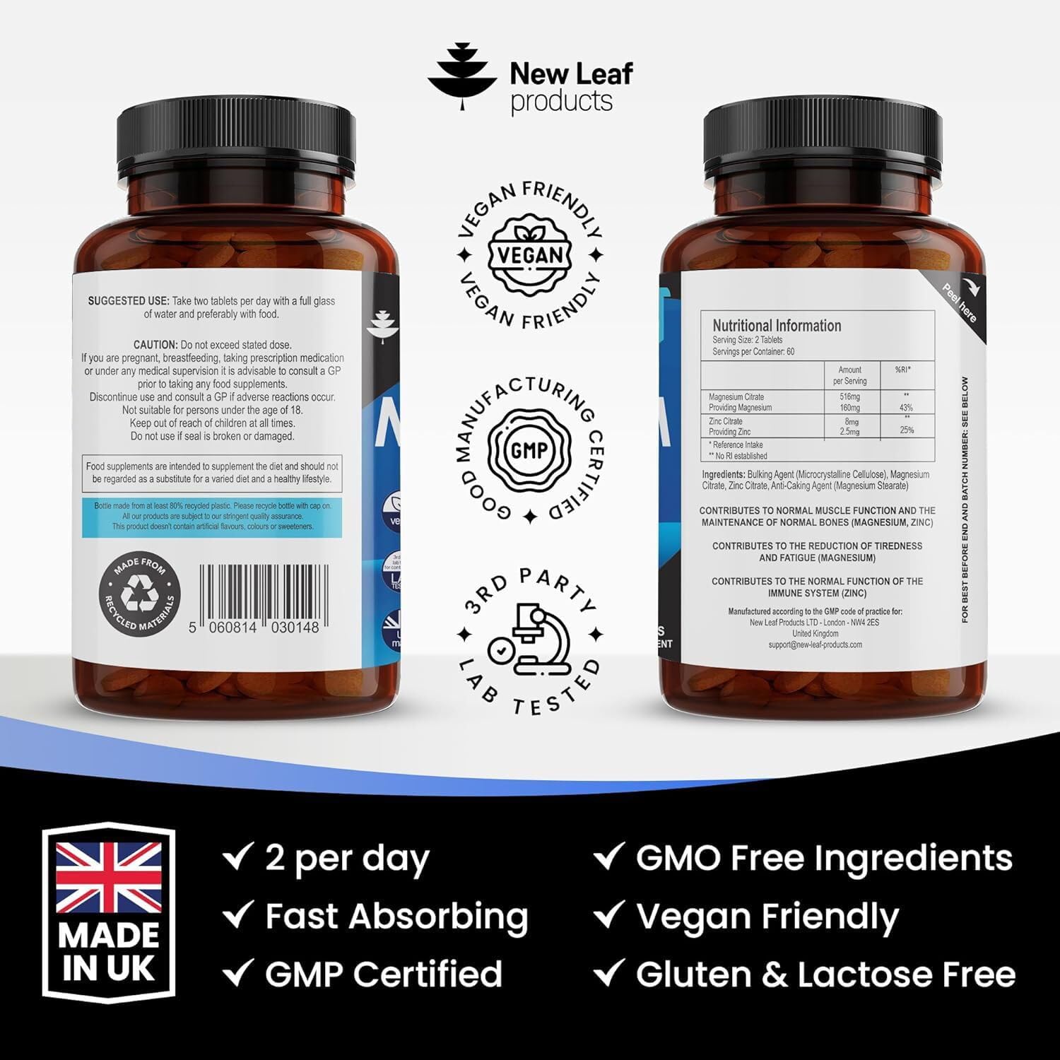 Magnesium Supplements 516mg With Zinc - 120 Magnesium Tablets Supports Muscle NEW LEAF PRODUCTS uk supplements