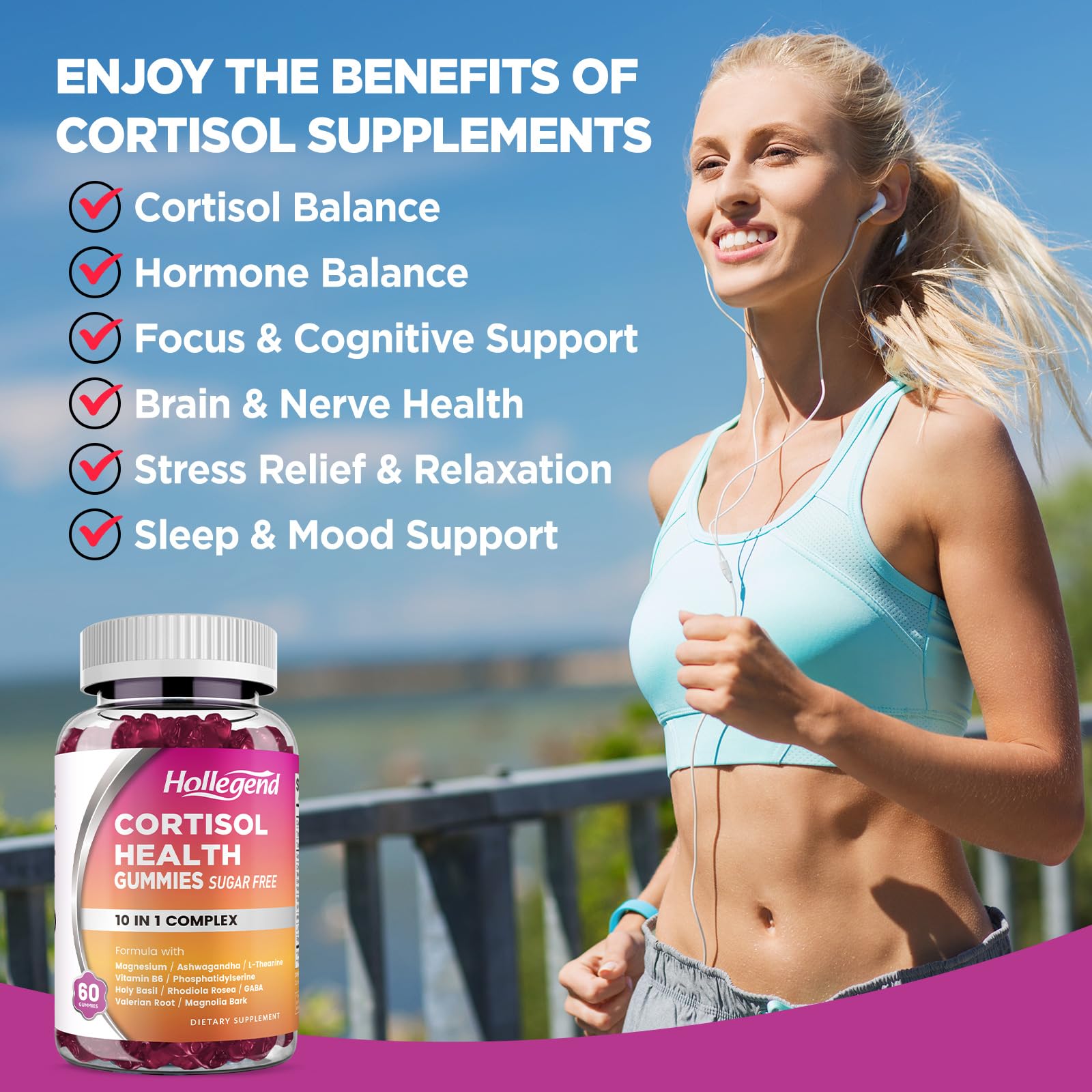 HOLLEGEND Cortisol Supplements for Women Men, Cortisol Gummies with Ashwagandha, Magnesium, L-Theanine, Phosphatidylserine, B6 for Cortisol Detox, Relaxation, Sleep, Focus, Sugar-Free, Vegan, 60 HOLLEGEND uk supplements