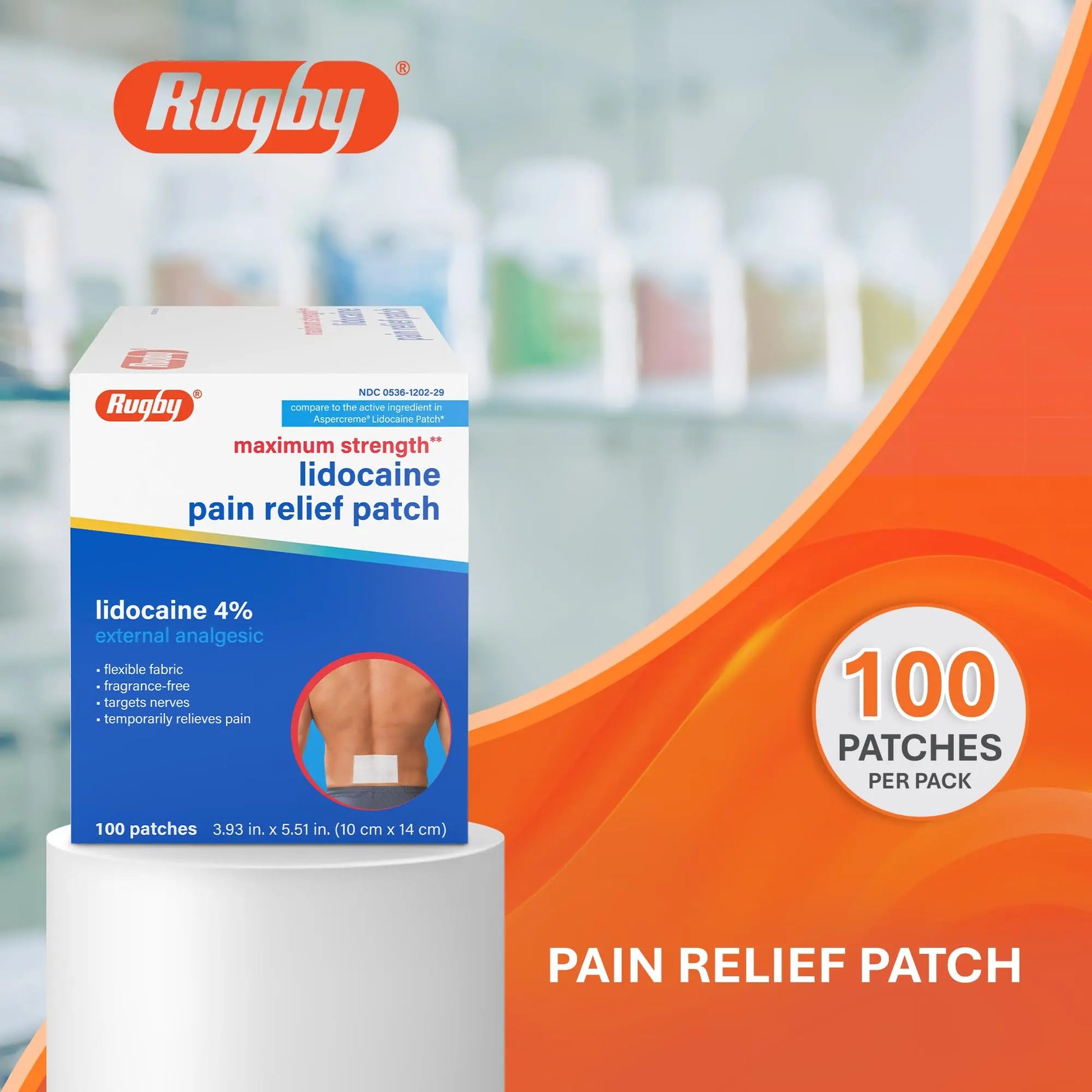 Rugby Maximum Strength 4% Lidocaine Pain Relief Patch- External Analgesic - Flexible Fabric, Fragrance-Free - Temporarily Relieves Pain - 100 Patches (10 cm x 14 cm Each) RUGBY LABORATORIES uk supplements