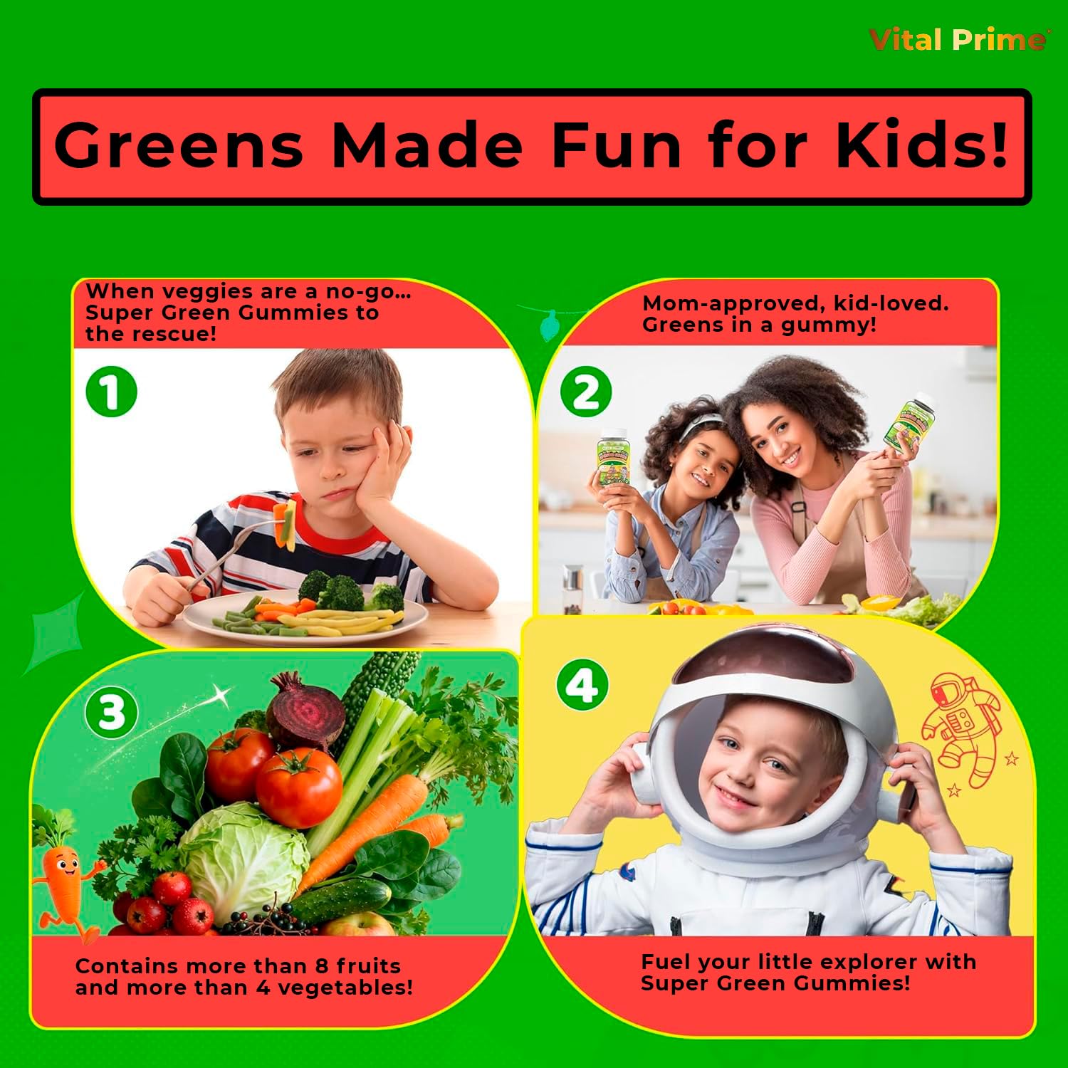 FourRoar Vital Prime Super Green Gummies for Kids 90 Count Strawberry & Watermelon Flavor | Fruit and Vegetable Gummies | Vegan Veggies Gummy Multivitamin for Kids FourRoar uk supplements