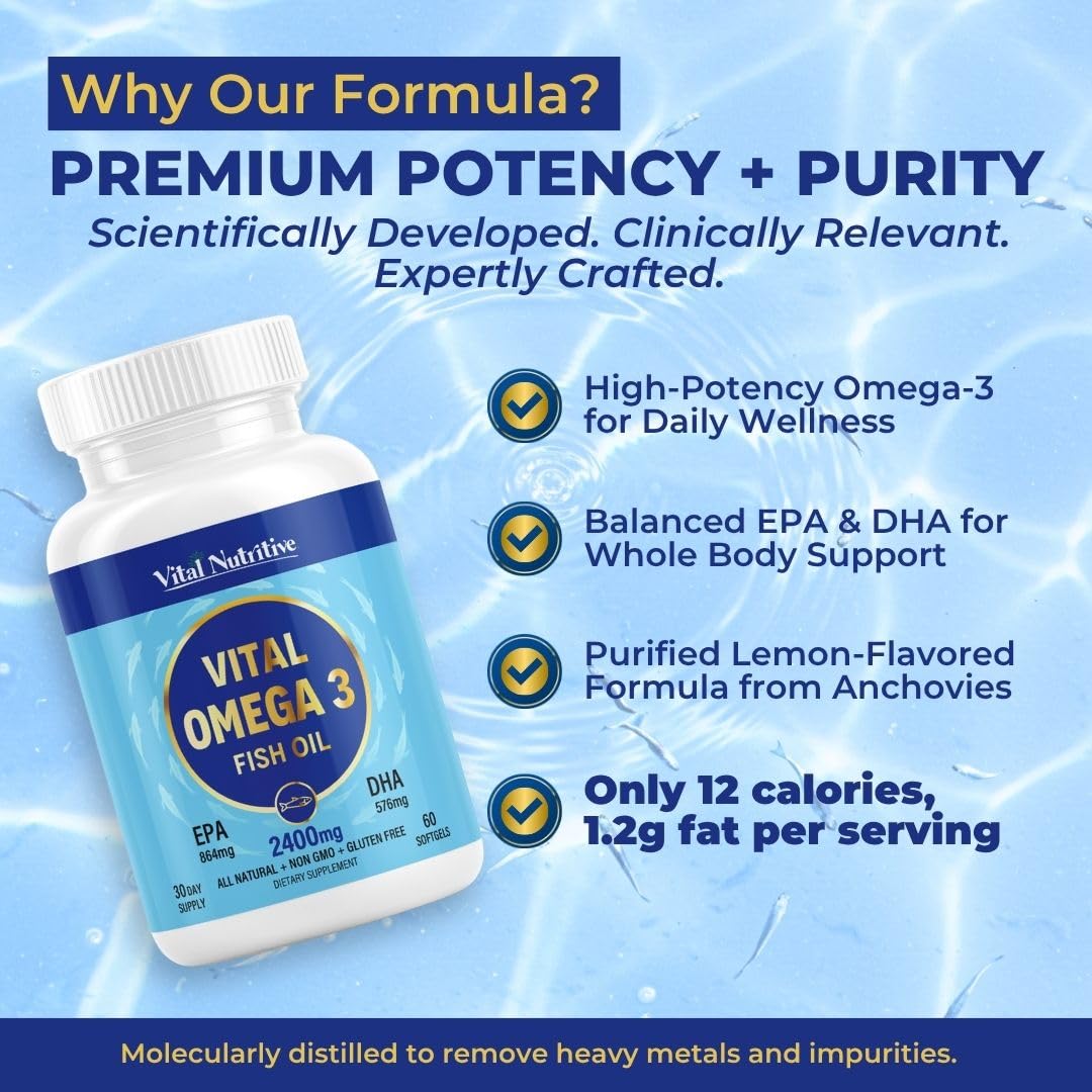 Vital Omega 3 Fish Oil Supplements 2400mg | 864mg EPA & 576mg DHA | 1440mg Total Omega-3 Fatty Acids | Promotes Brain & Heart Health | Non-GMO, Gluten-Free, Sugar-Free | Lemon | 60 Day Servings VITAL NUTRITIVE uk supplements