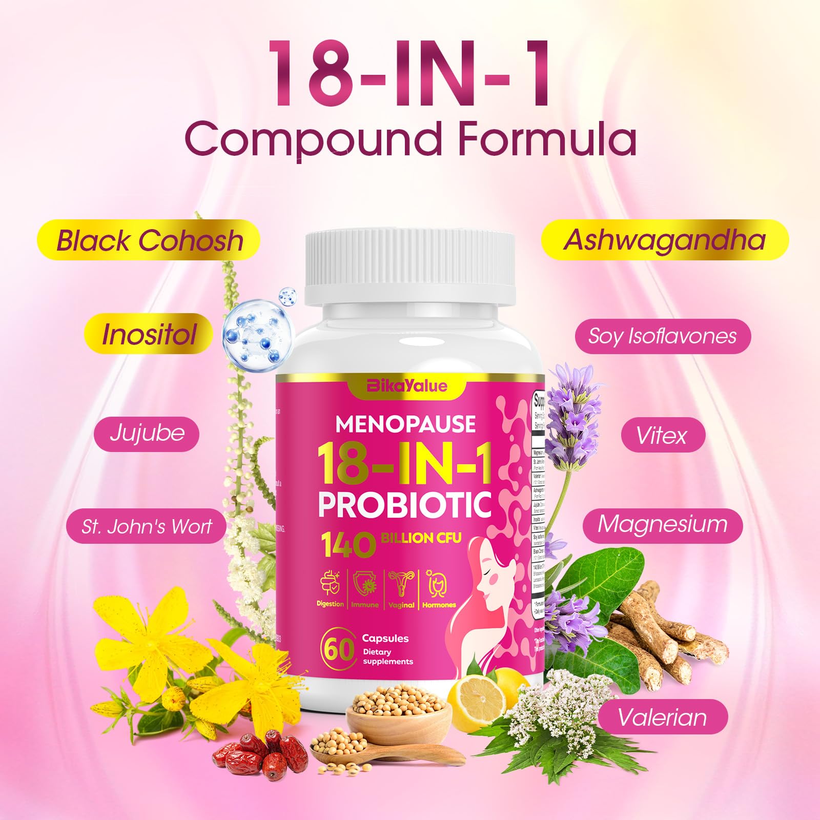 Menopause Supplements for Women, 140 Billion CFU Probiotics, 18-in-1 Menopause Relief with Magnesium, Black Cohosh, Inositol, Hormone Harmony for Women, Night Sweats, Mood Swings, Immunity - 60 Caps BIKAYALUE uk supplements
