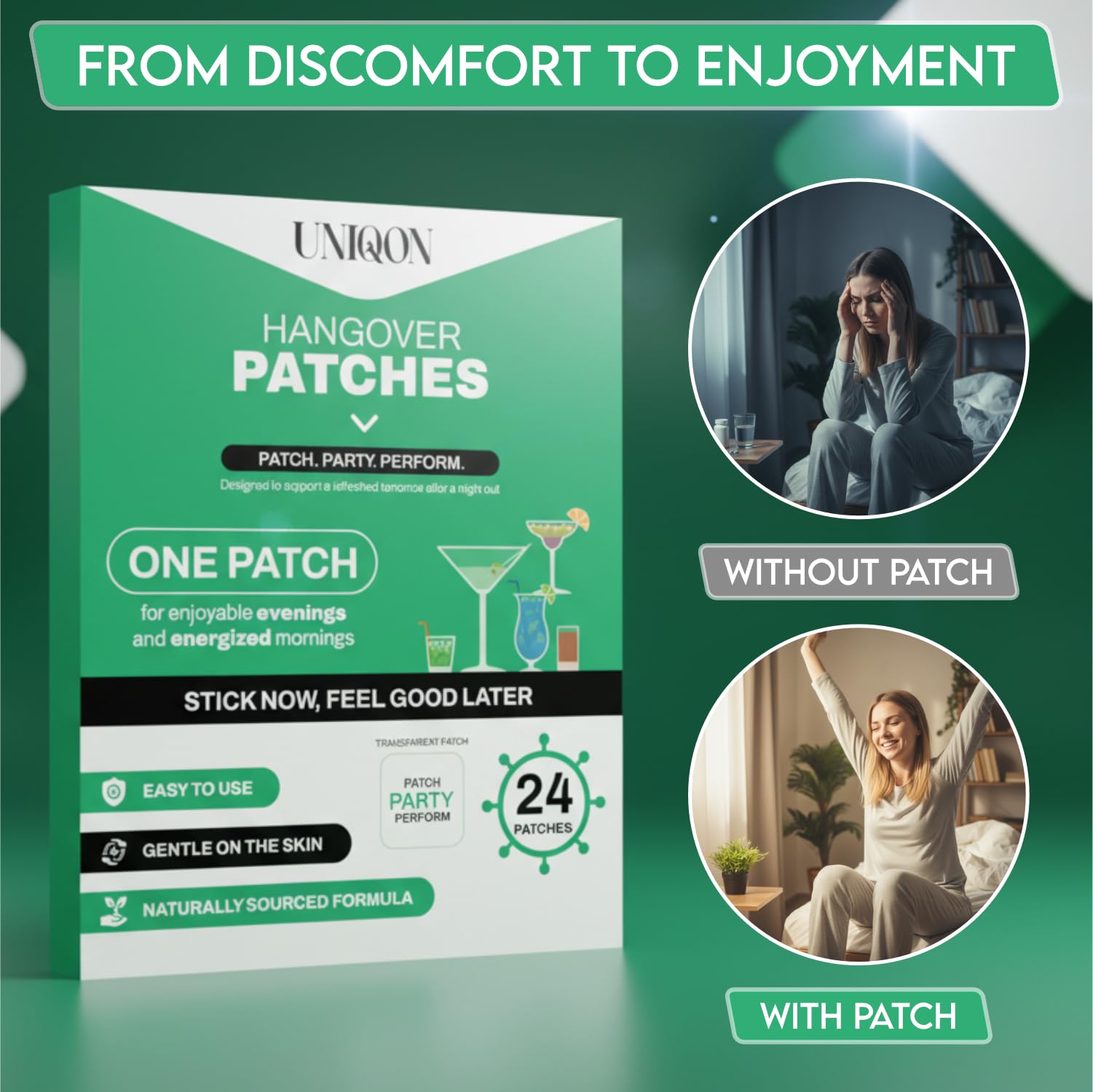 Recovery Patches 24 Pack, 100% Natural Ingredients Party Recovery Patch with Skin-Friendly & Waterproof Design, Strong Adhesive Party Patch for Secure Fit, Enhanced Morning Formula Uniqon uk supplements