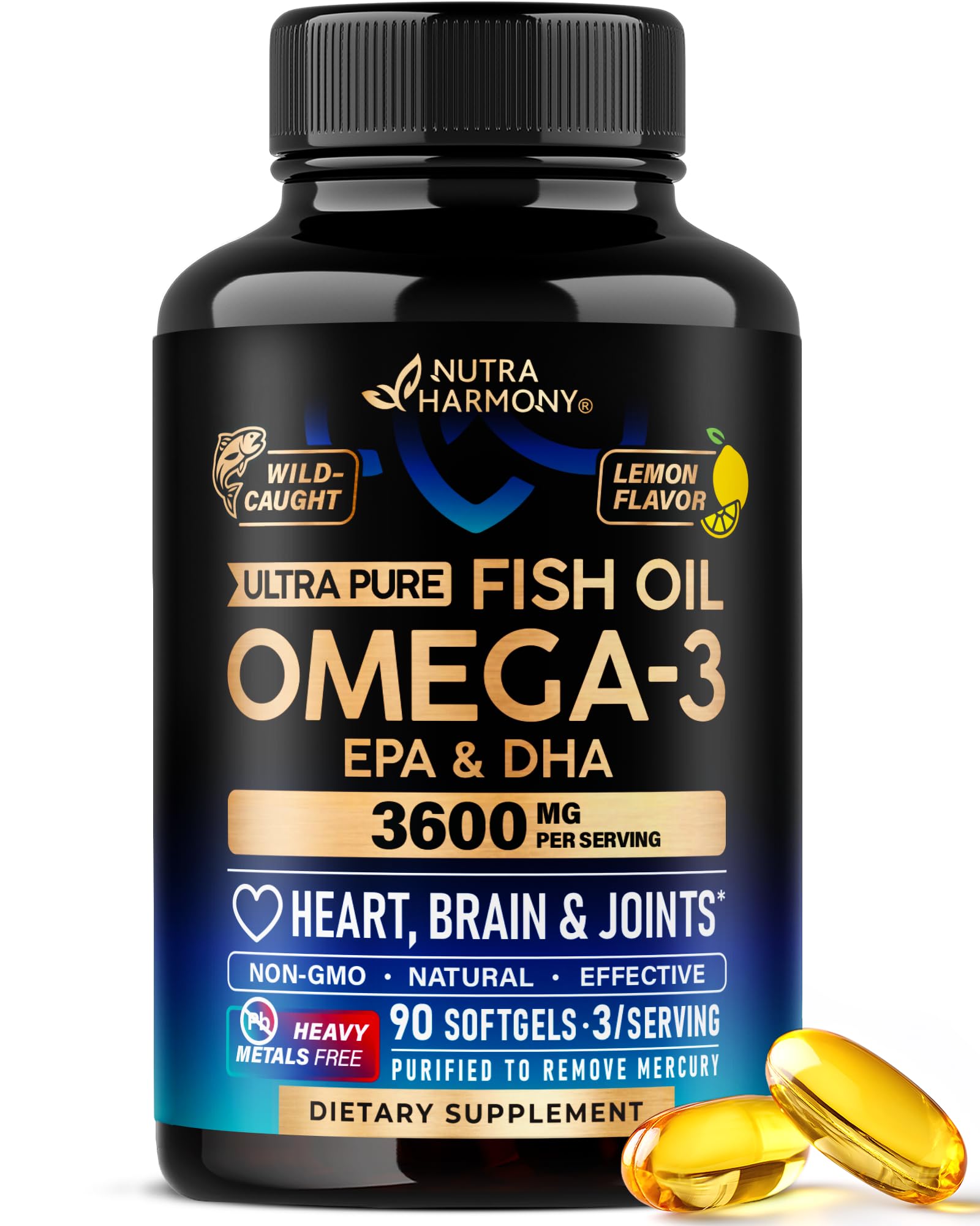 Omega 3 Fish Oil 3600 mg - Omega 3 Supplement | EPA & DHA - Heavy Metals Free - Heart, Brain & Joint Support - Purified Fish Oil for Men & Women - Lemon Flavored - Made in USA, 90 Softgels NUTRAHARMONY uk supplements