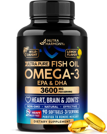 Omega 3 Fish Oil 3600 mg - Omega 3 Supplement | EPA & DHA - Heavy Metals Free - Heart, Brain & Joint Support - Purified Fish Oil for Men & Women - Lemon Flavored - Made in USA, 90 Softgels NUTRAHARMONY uk supplements
