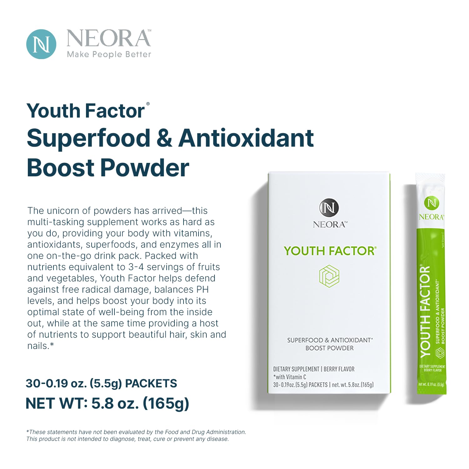 NEORA Youth Factor - Superfood Boost Powder - pH Balance, Hair Skin Nails Support, Fruits & Veggies Equivalent, Nutrient Absorption - 30 Packets NEORA uk supplements
