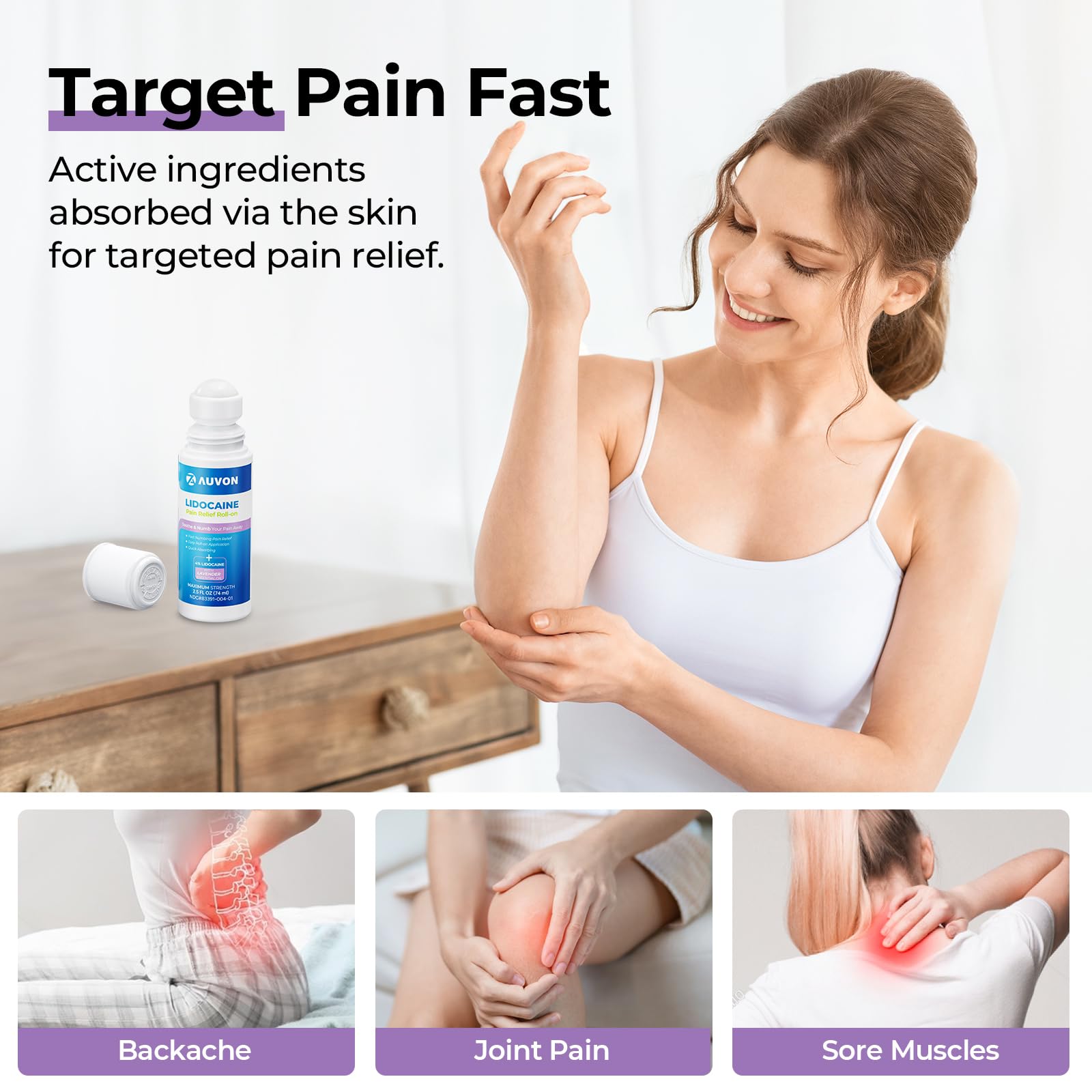AUVON Max Strength Lidocaine Pain Relief Roll-On with Lavender Essential Oil, No Mess Applicator, Quick Absorbing to Numb & Soothe Pain Relief for Knees, Shoulders, 2.5 Oz, 2 Packs AUVON uk supplements