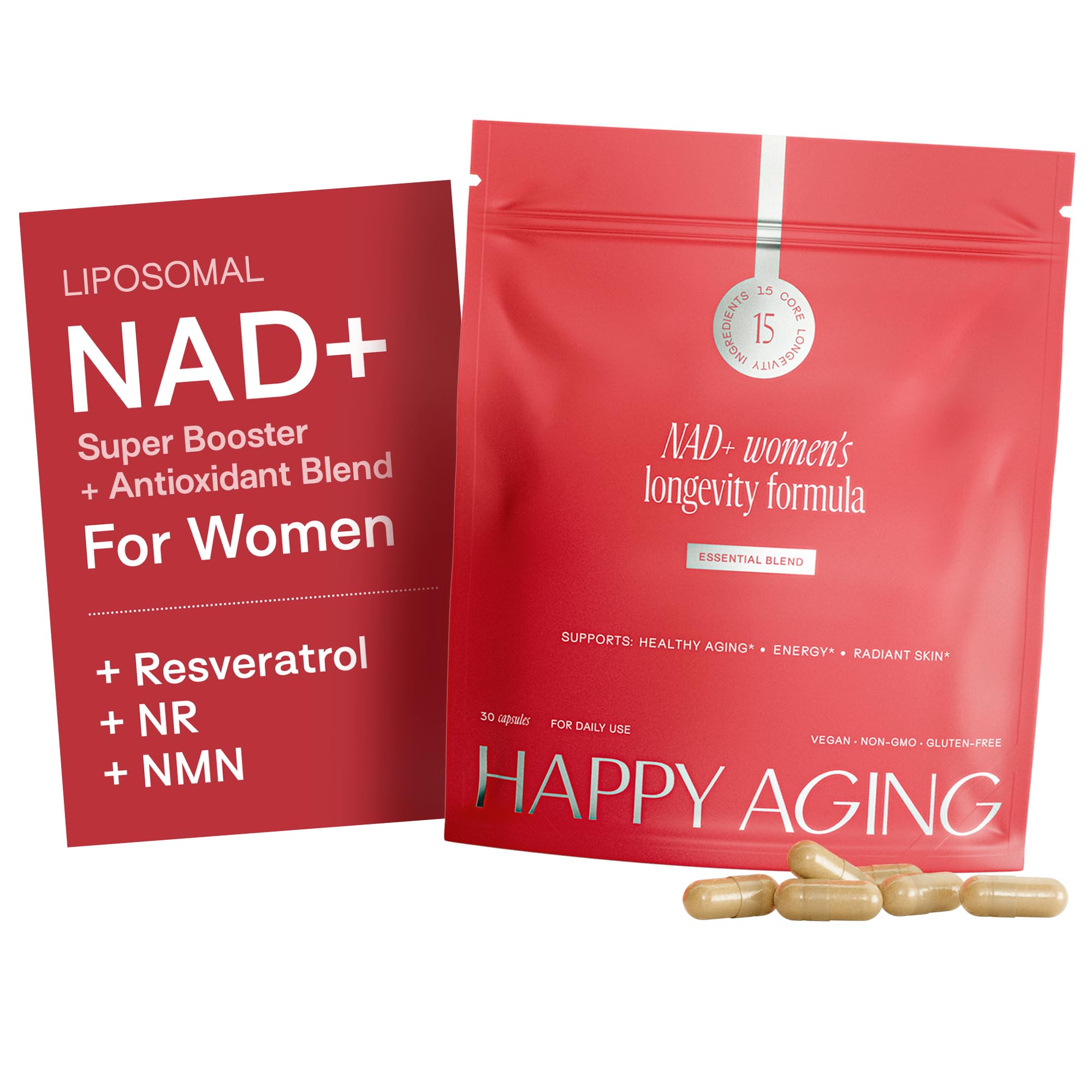 Happy Aging Essential Longevity Formula, NAD+ Super Booster with NR, NMNH & Liposomal β-NAD+, Organic Antioxidant Superfruit Blend for Cellular Energy, Skin Hydration & Daily Vitality, 30 Capsules Happy Aging uk supplements