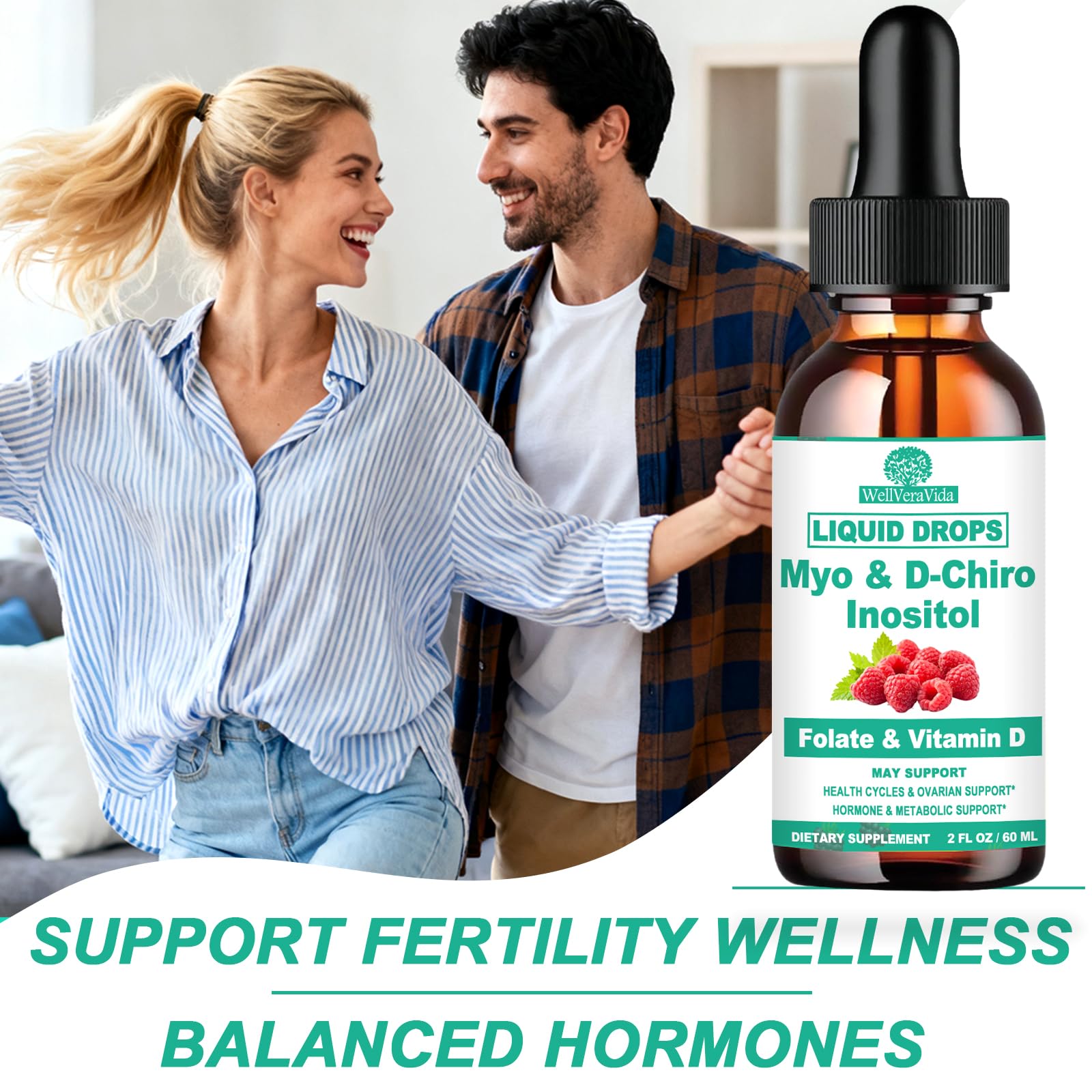 Myo Inositol & D-Chiro Inositol Supplement Liquid for Women- Ideal 40:1 Ratio Inositol Drops with MTHF Folate, Magnesium, Vitamin D, Supports Hormone Balance, Regular Cycles & Ovarian Health丨Vegan WellVeraVida uk supplements