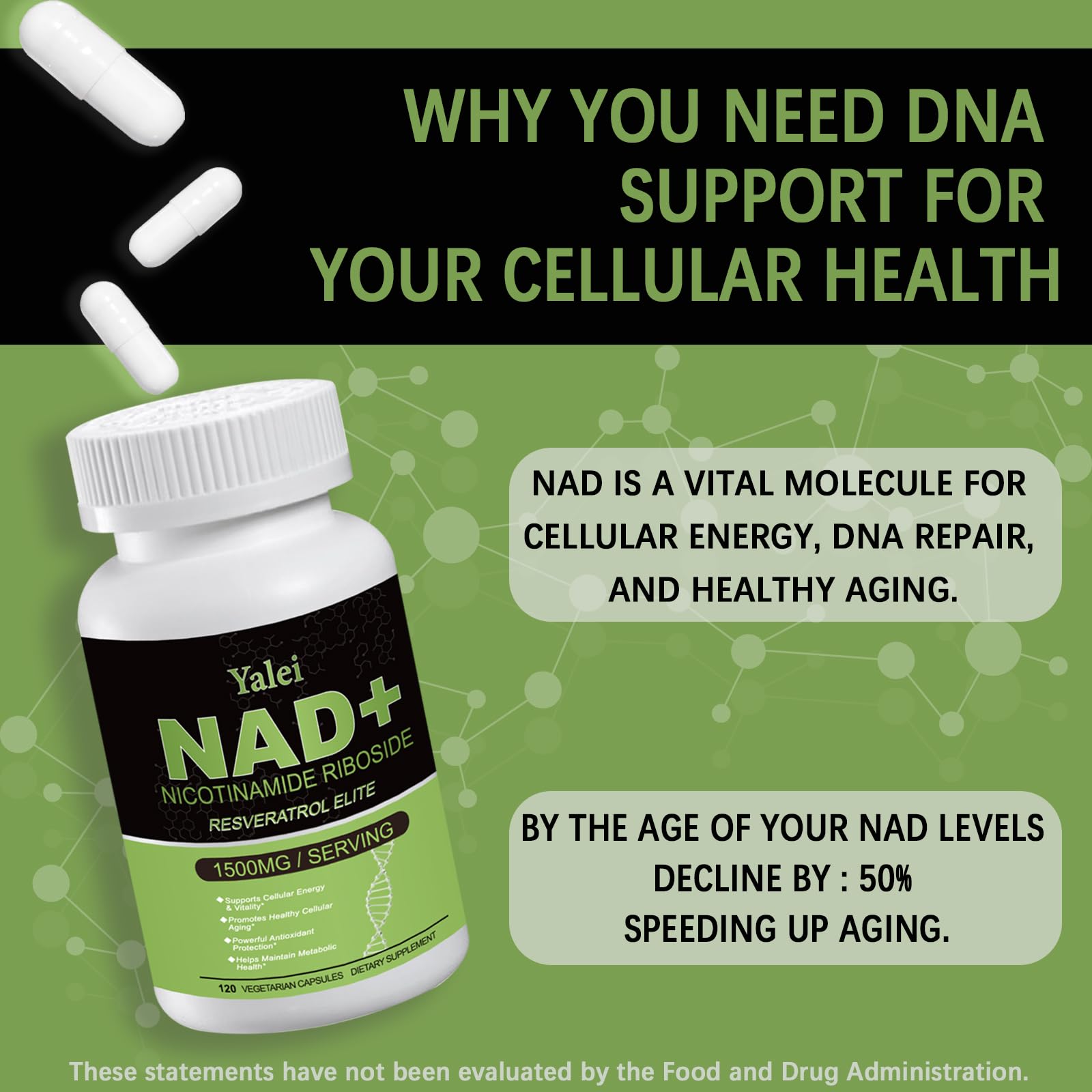 Yalei NAD Resveratrol Supplement 1500mg,120 Veggie Capsules | Liposomal NAD Plus Boosting | Support Cellular Health, Stamina & Healthy Aging for Women & Men | Non-GMO Yalei uk supplements
