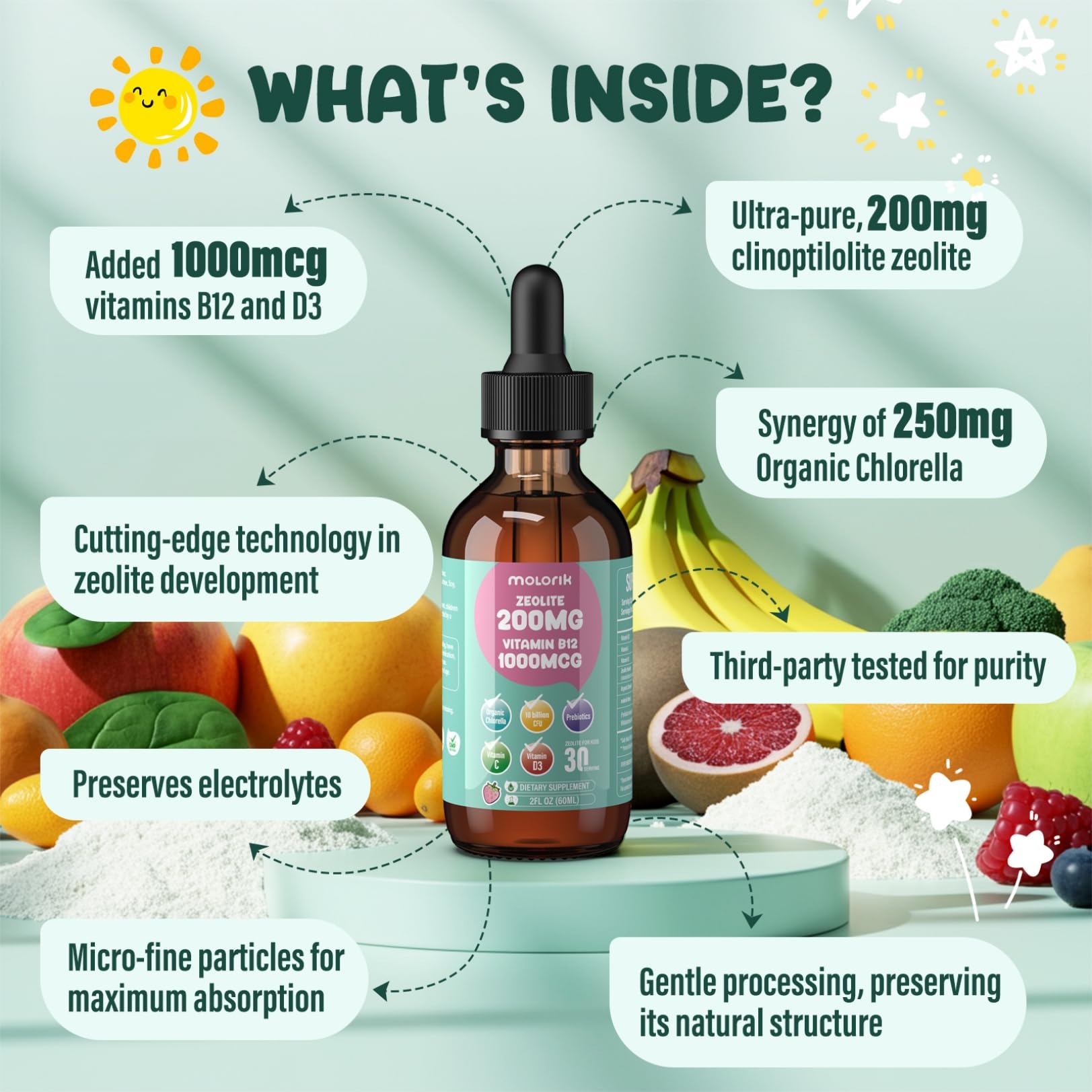 Zeolite Detox for Kids and Adults, 200mg Zeolite Liquid Drops with 1000mcg Vitamin B12, Organic Chlorella, 10 billion CFU & Prebiotics for Gut Support & Speech, Immune, Bone, Energy*, Strawberry, 60ML molorik pure uk supplements