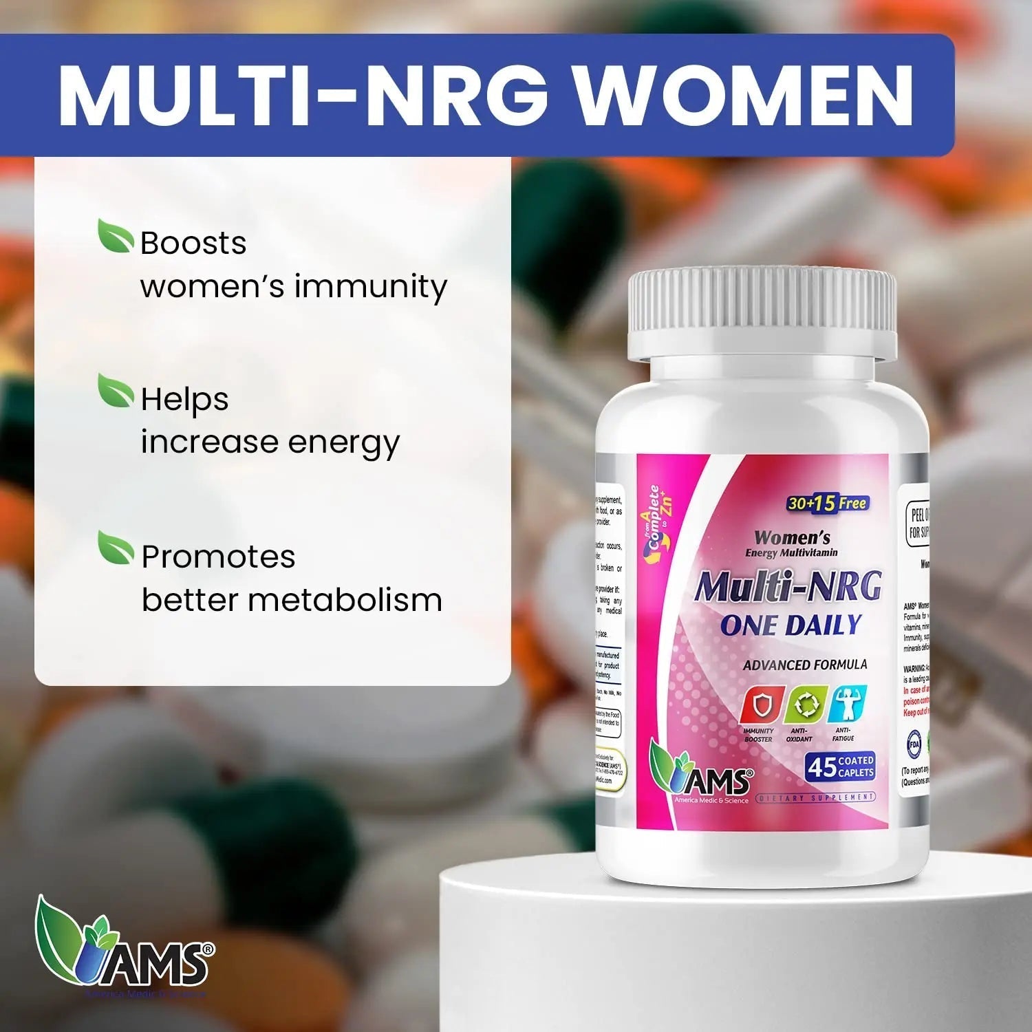 America Medic & Science Multivitamins for Women, Multi-NRG, 45 Coated Caplets, One Daily, Immune Support Supplements, Vitamin C & B Complex America Medic & Science uk supplements