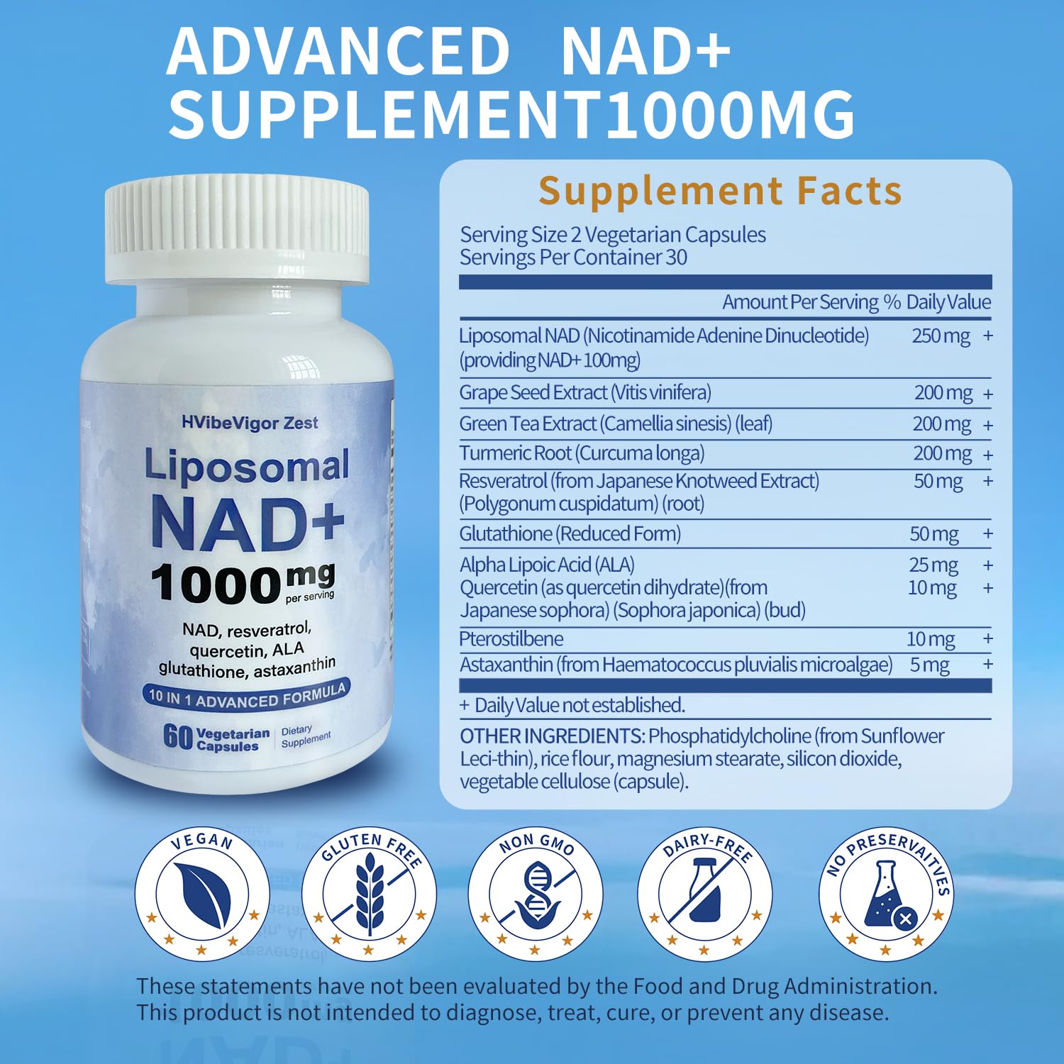 NAD Supplement 1000mg, Liposomal NAD+ Supplement with Resveratrol, Glutathione & Astaxanthin - Support Cellular Health, Stamina & Healthy Aging, NMN Supplement Alternative – 60 Capsules HVibeVigor Zest uk supplements