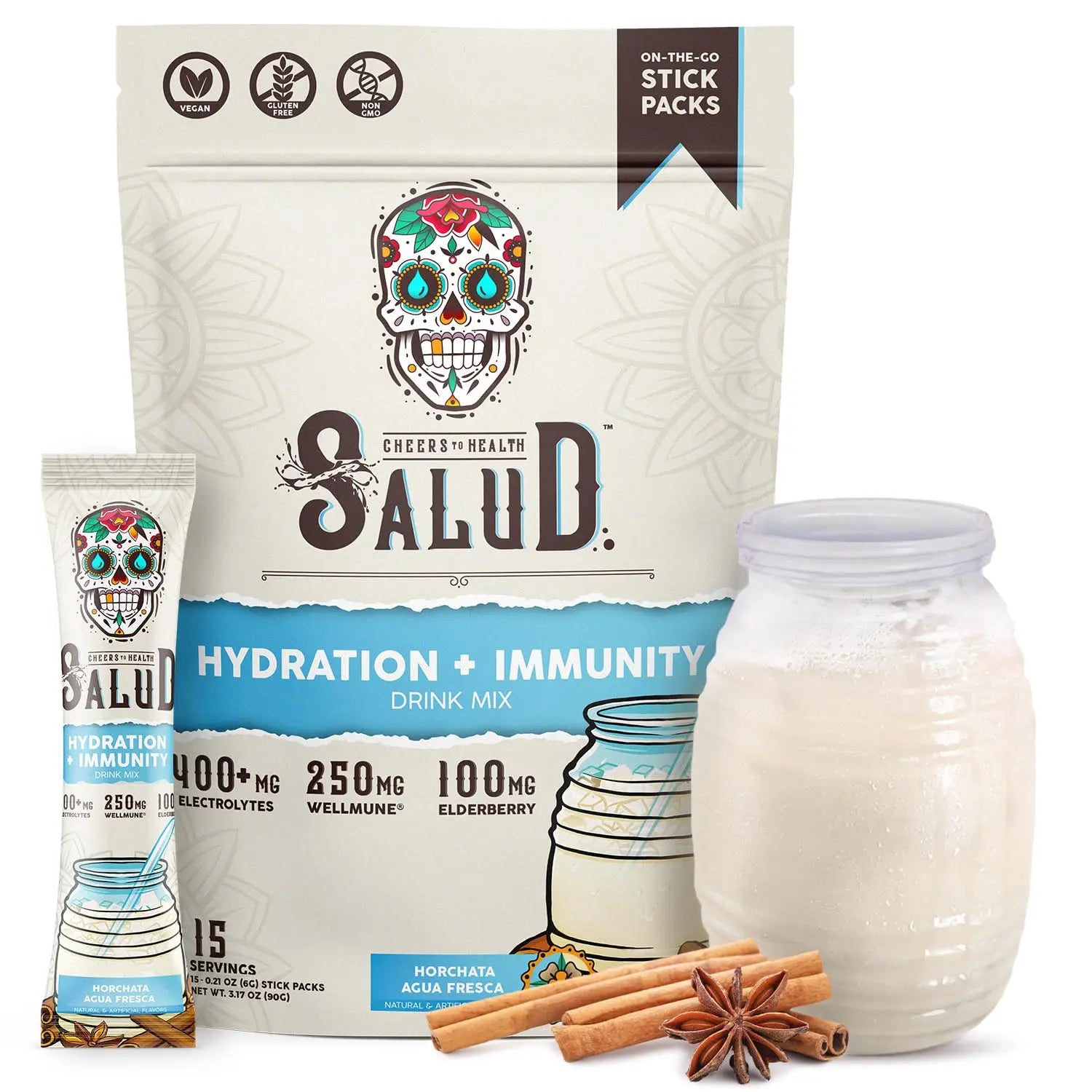 Salud 2-in-1 Hydration Packets + Immunity Electrolytes Powder, Horchata - Agua Fresca Drink Mix, Elderberry, Dairy & Soy Free, Non-GMO, Gluten Free, Vegan Taste Salud uk supplements