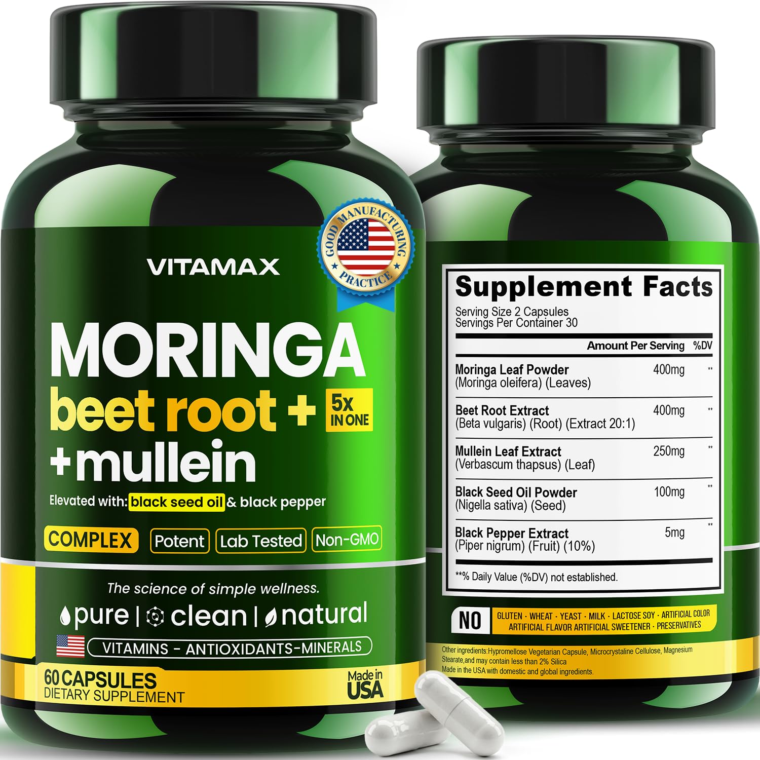 Moringa Capsules, Beet Root, Mullein Leaf - Energy, Skin, Immune Supplement Superfood, Rich in Antioxidants, Minerals & Essential Vitamins - High Absorption Non-GMO - Made in USA - 60ct Vitamax uk supplements