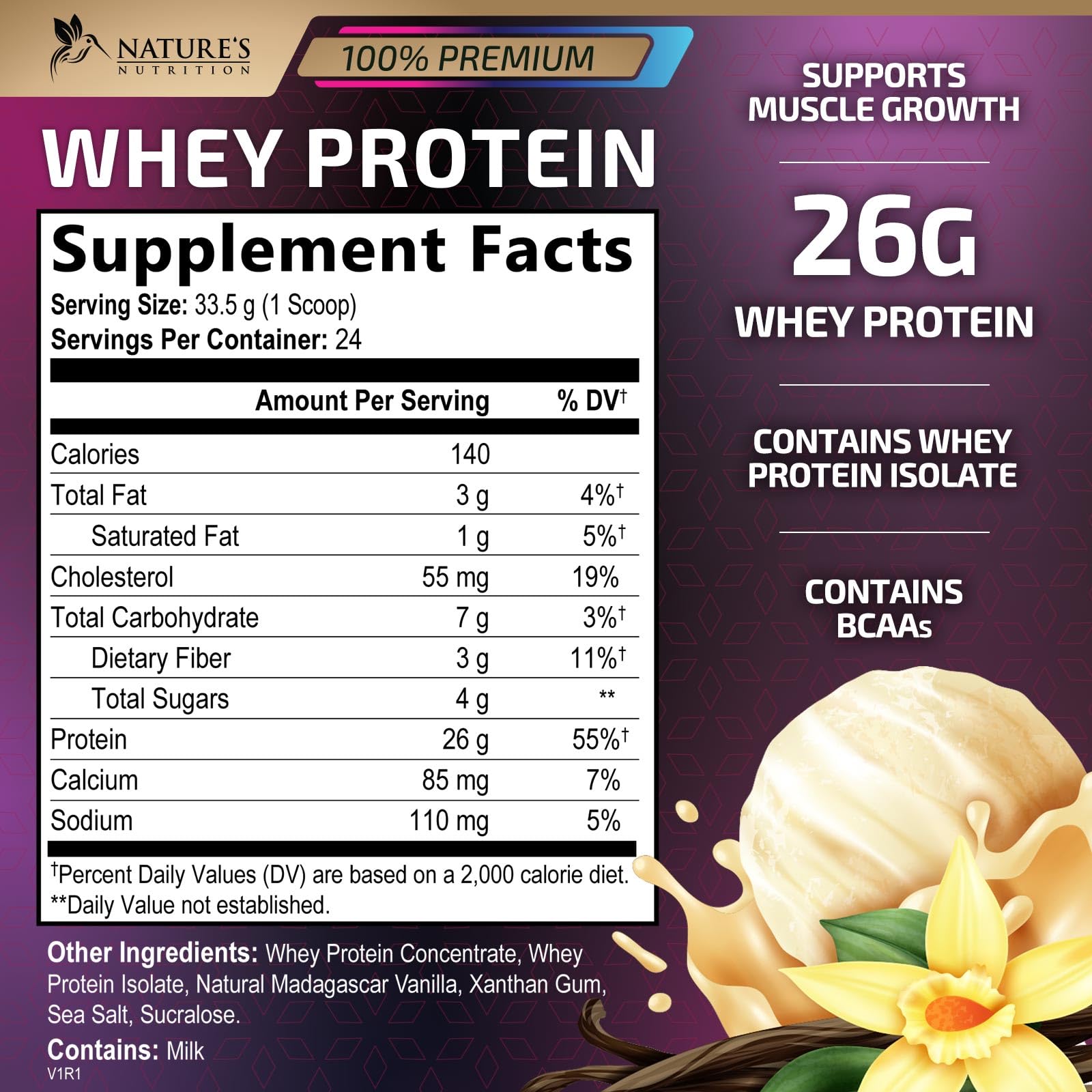 Whey Protein Powder 26g - Vanilla Ice Cream Whey Isolate Protein for Muscle Growth Nature's Nutrition uk supplements
