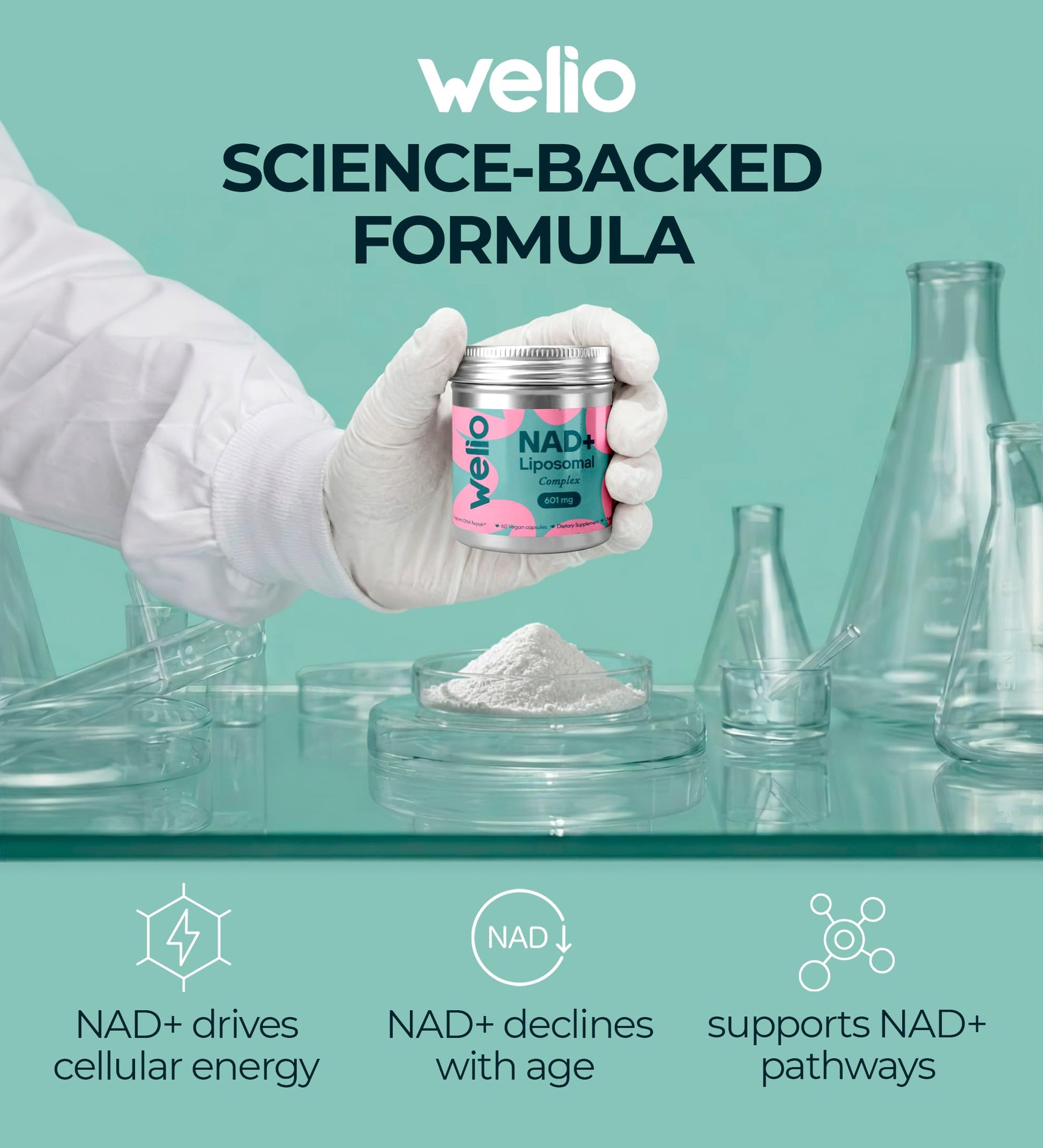 Liposomal NAD Supplement 601mg | Third-Party Tested, High Purity NAD+ | Anti-Aging & Cellular Health | NMN Supplement Alternative | Advanced NAD+ Supplement for Women & Men – 60 Capsules Welio uk supplements